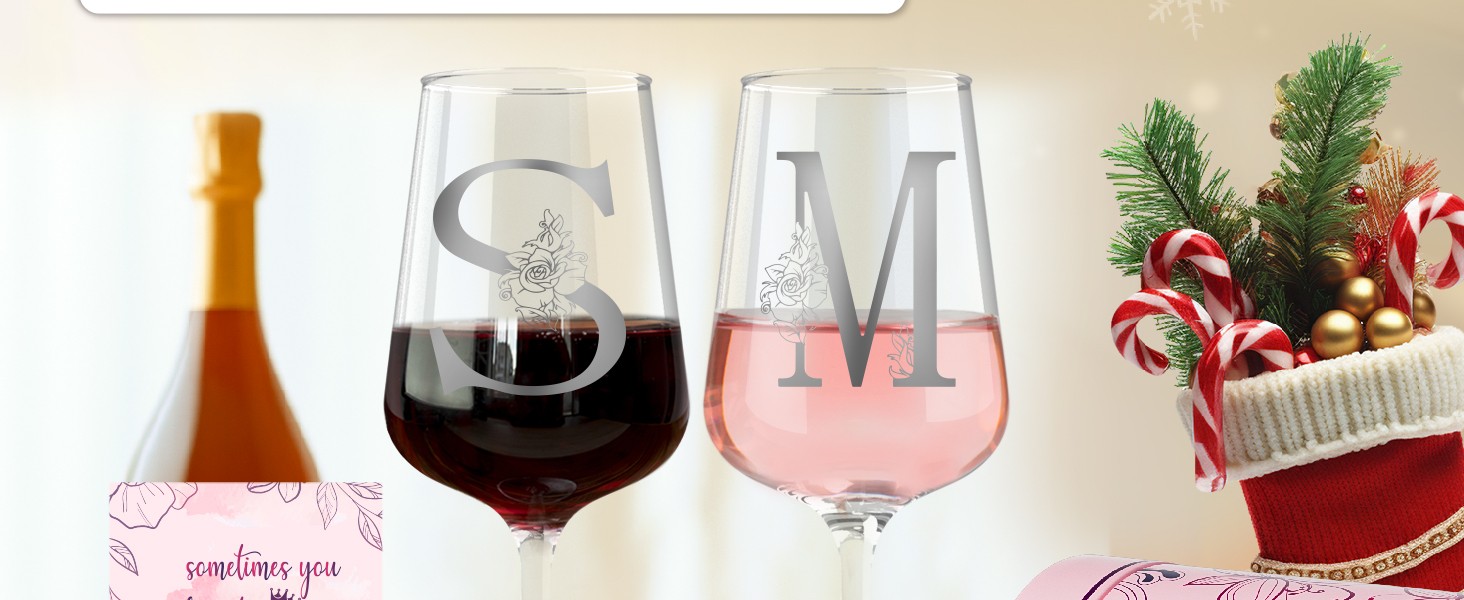 Personalized Wine Glasses with A-Z Custom Initials, Monogram Birthday Wine Gifts