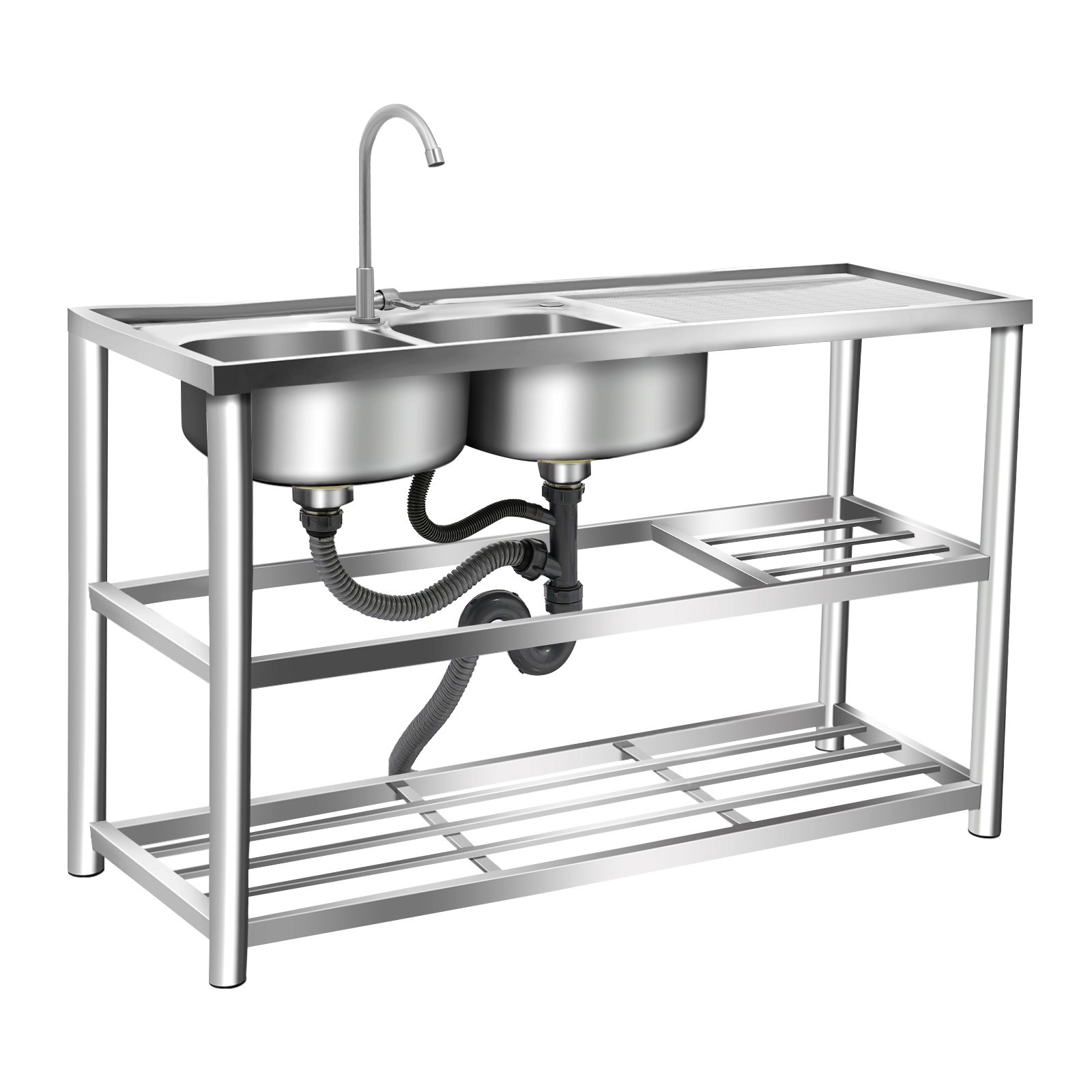 Stainless Steel Commercial Sink Utility Sink 2 Compartment Kitchen w/Prep Table