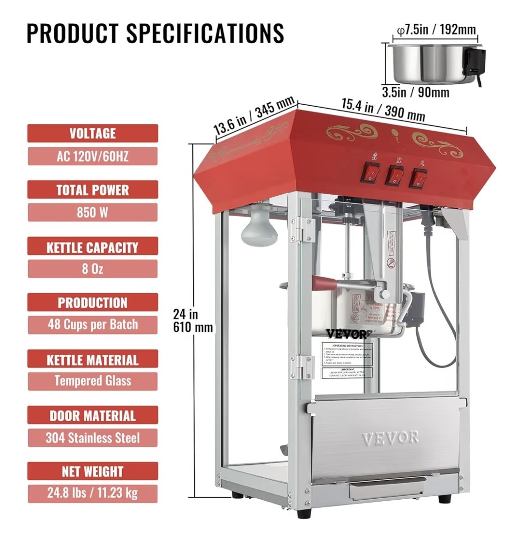 Luxury Commercial Popcorn Machine 850 W Countertop 48 Cups/Batch Theater Style