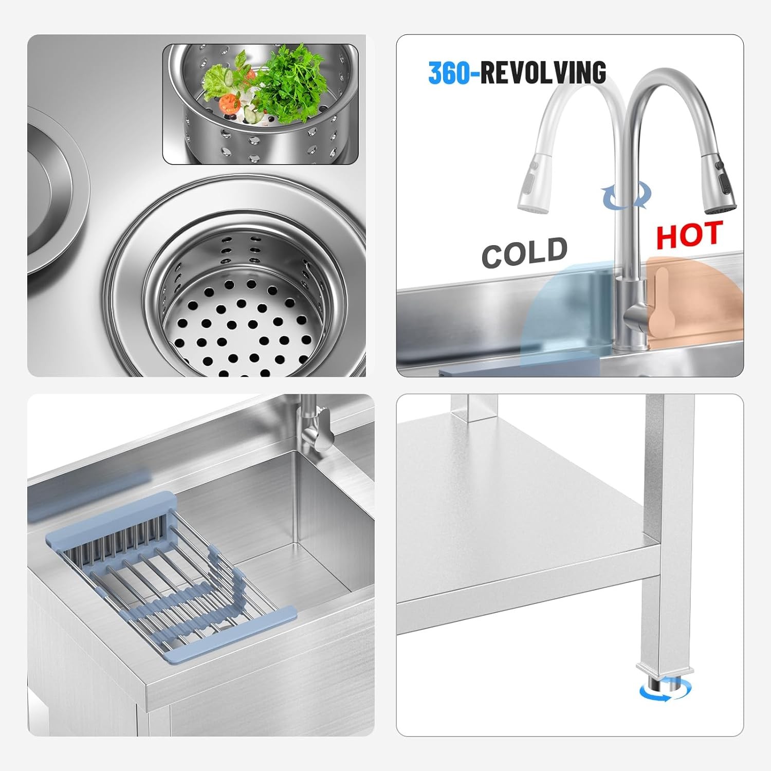 47Inch Double Bowl Stainless Steel Utility Kitchen Sink for Restaurant Outdoor