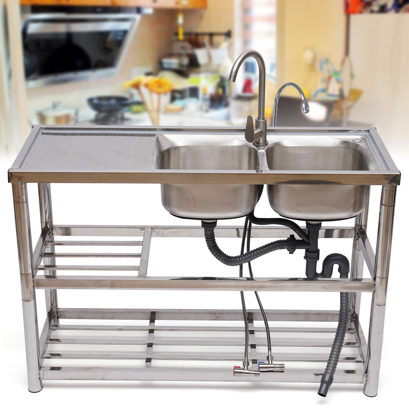 Stainless Steel Commercial Sink Kitchen Utility Sink 2 Compartments + Prep Table