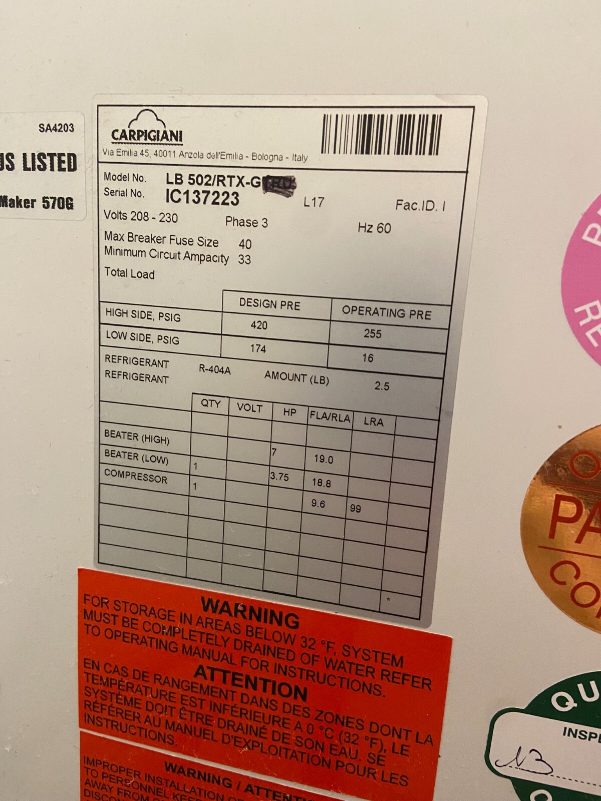 Used Carpigiani LB502G RTX Batch freezer Gelato Ice Cream 3 Phase Water Cooled