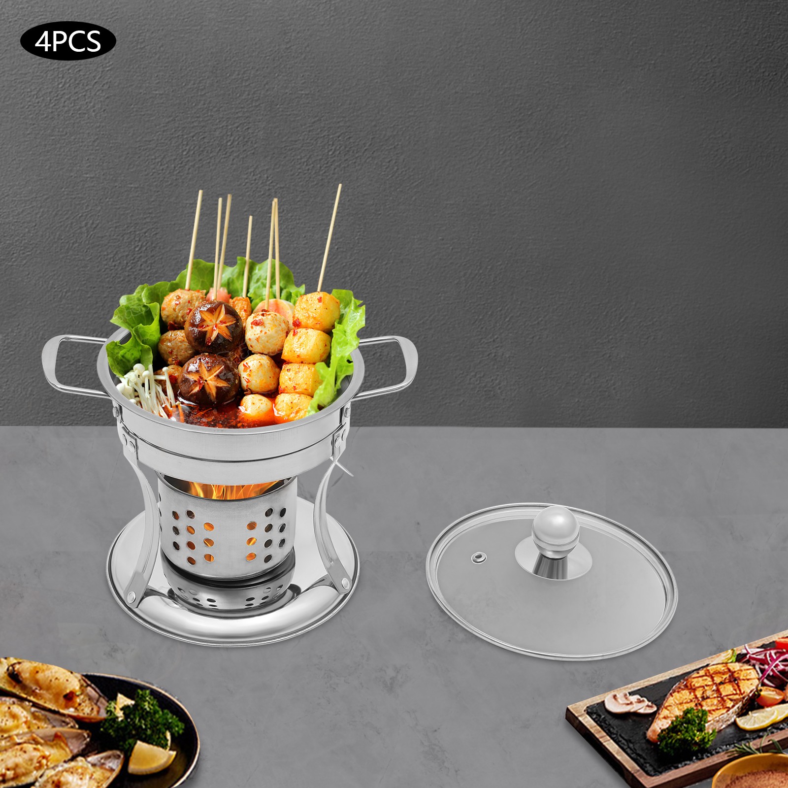 4-Pack 410 Stainless Steel 5L Chafing Dish Set with Glass Lids for Buffet