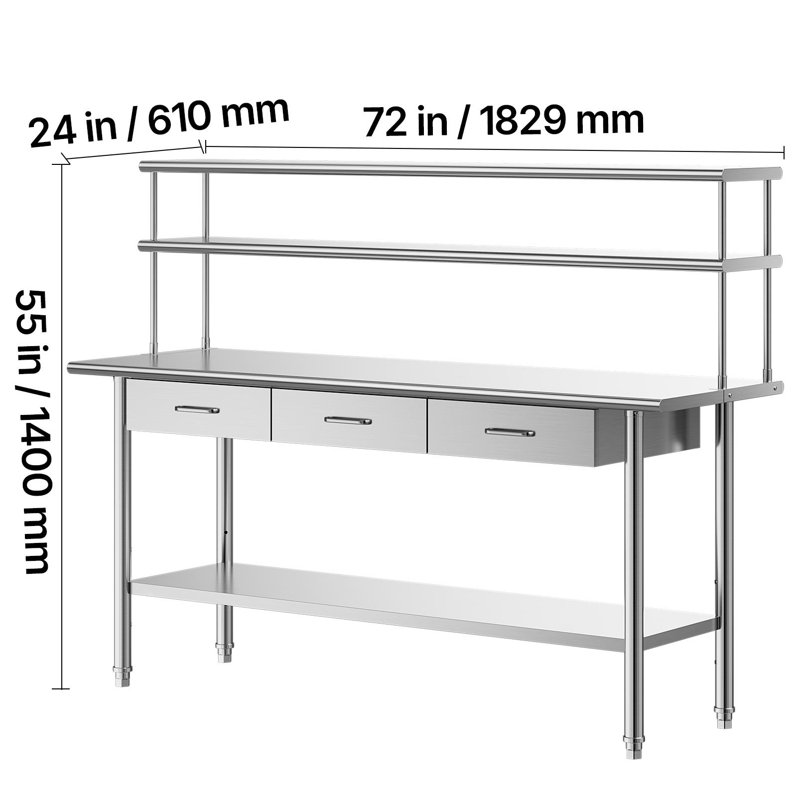 Uimoso Commercial Stainless Steel Kitchen Prep Table with Overshelves, 24x72Inch
