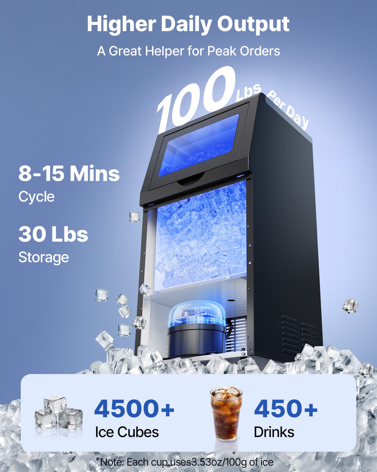 VEVOR Commercial Ice Maker 100 lbs/24h Ice Machine 30 lbs Storage Bar Restaurant