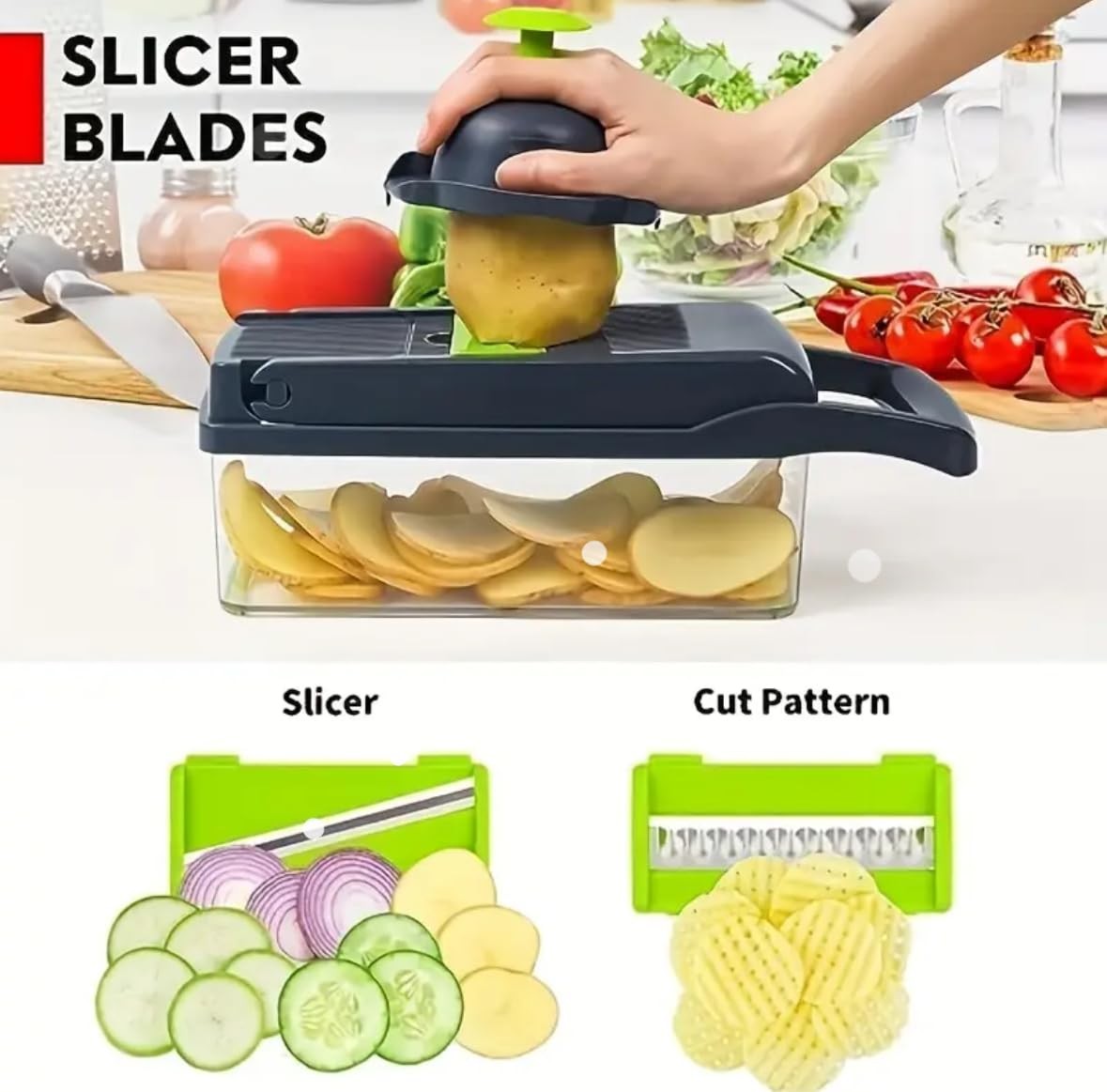 14 in 1 Vegetable Chopper Dicer with Container, Large, Black And Green