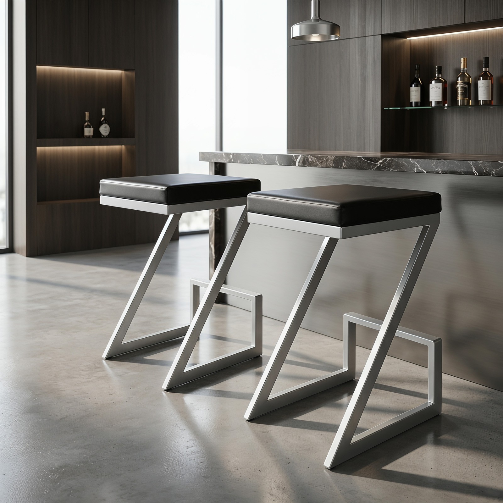 2PCS Bar Stools Backless Faux Leather and Brushed Stainless Steel Z-Shaped Chair