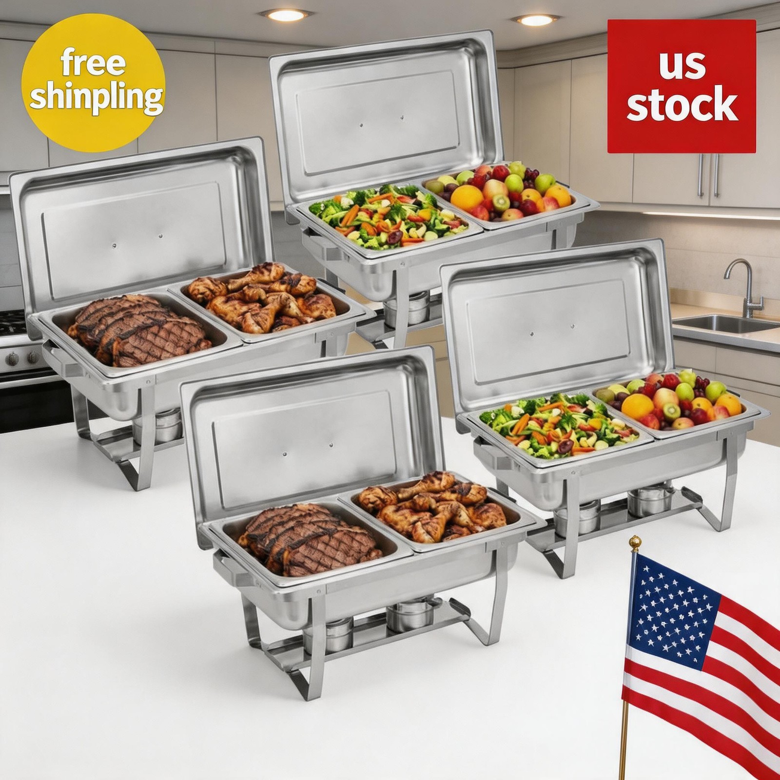4 Pack Half-Size Chafing Dishes for Buffet, Dual Half-Size Pans with Lids, Stain