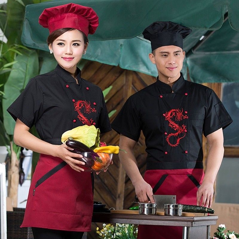 Men Women Chinese Dragon Printed Chef Apparel Uniform Jacket Coat Food Service