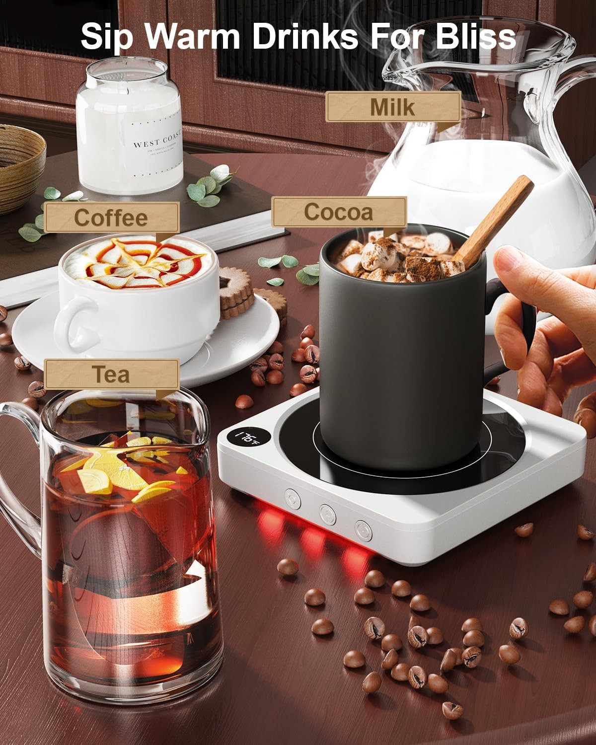 Mug Warmer – 36W Coffee Mug Warmer for Desk with Temperature Display, 2-12Hrs