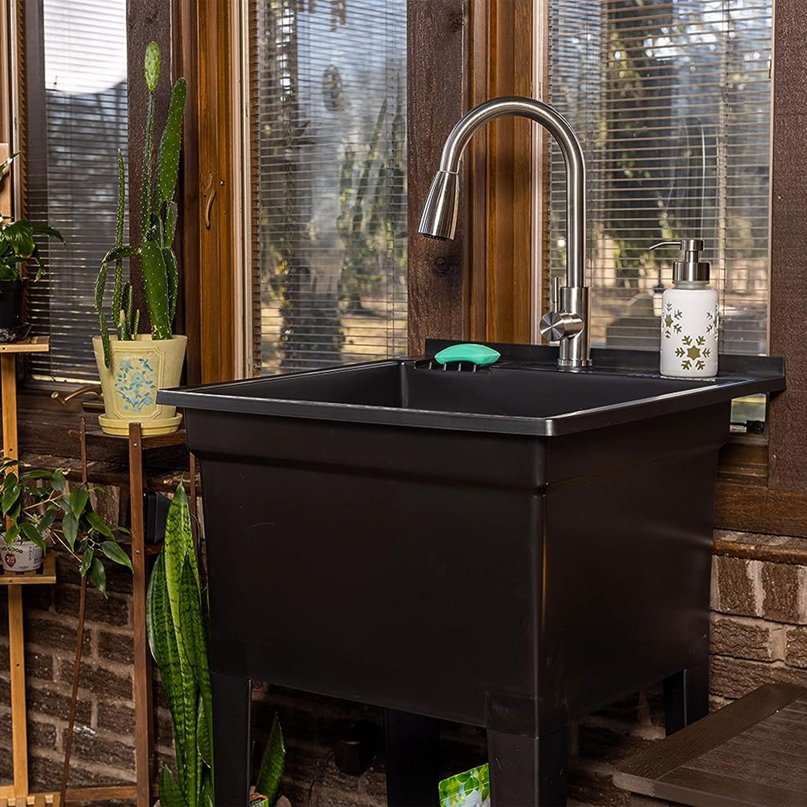 UTILITYSINKS Plastic 24″ Freestanding Compact Workshop Utility Tub Sink, Black