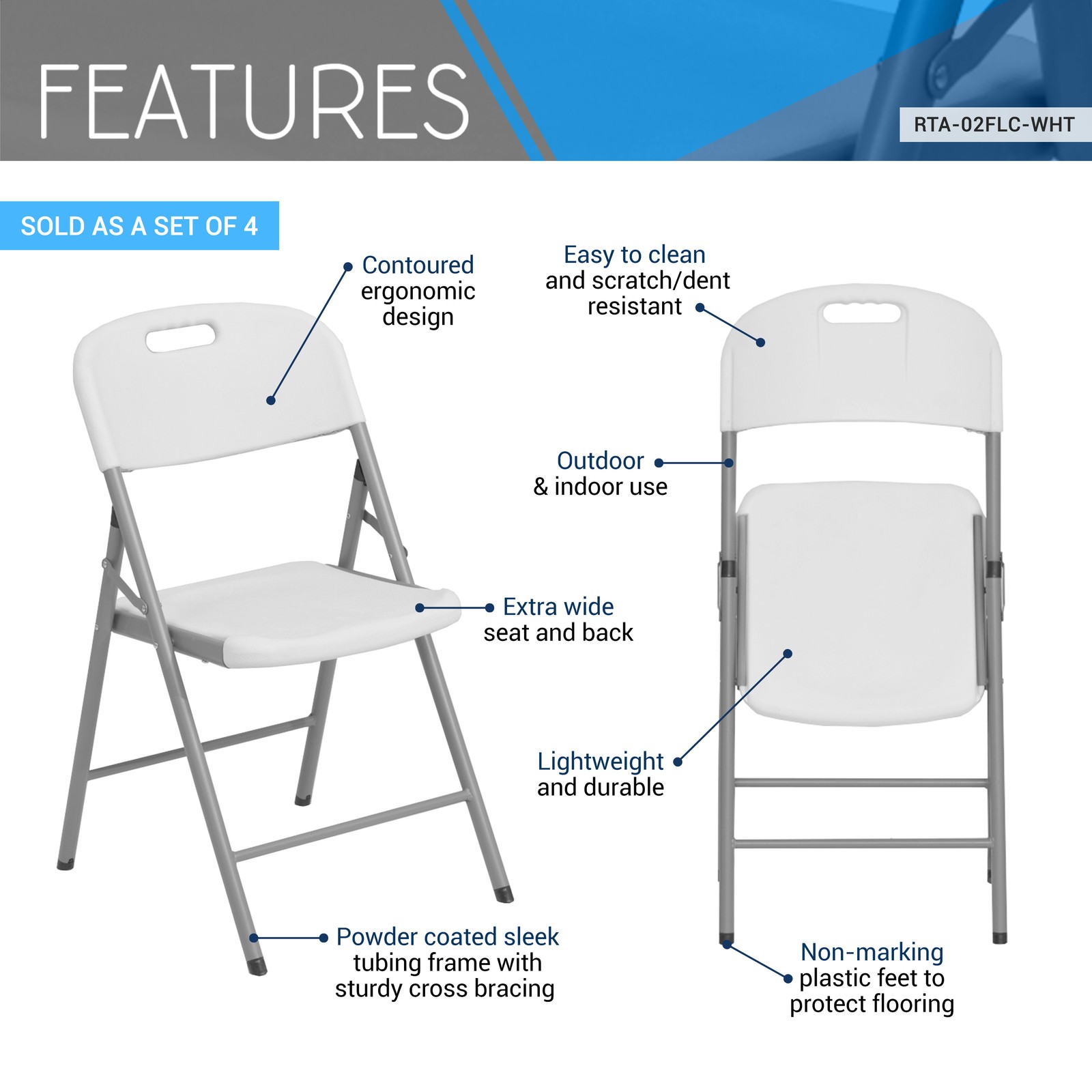 White Folding Chairs Set of 4, 18.5″ W x 24″ D x 34″ H, 330 lbs Capacity