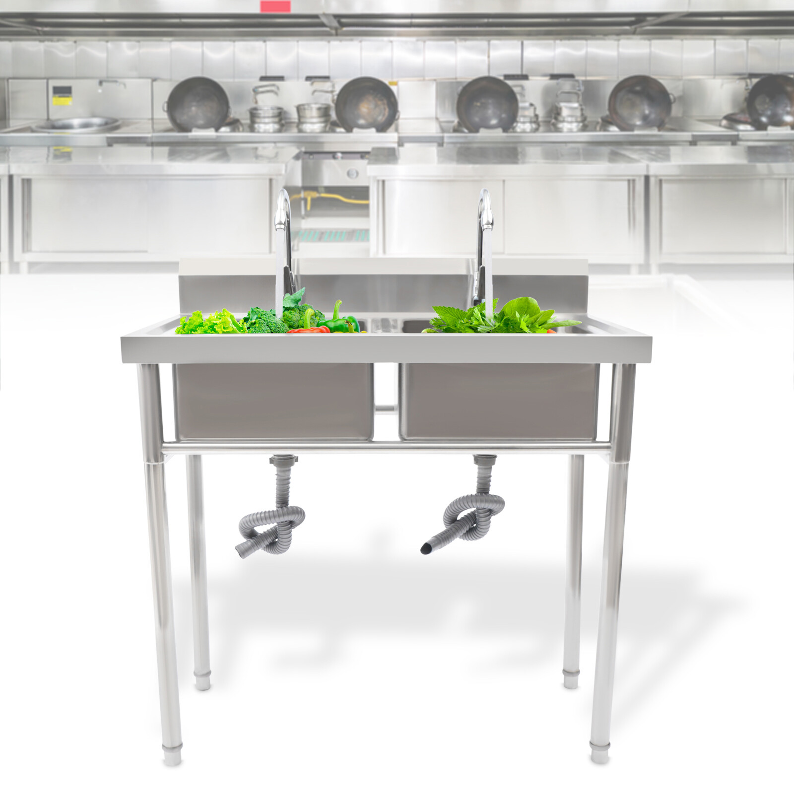 2 Compartment Commercial Sink w/ Double Faucet Restaurant Sink,Free Standing
