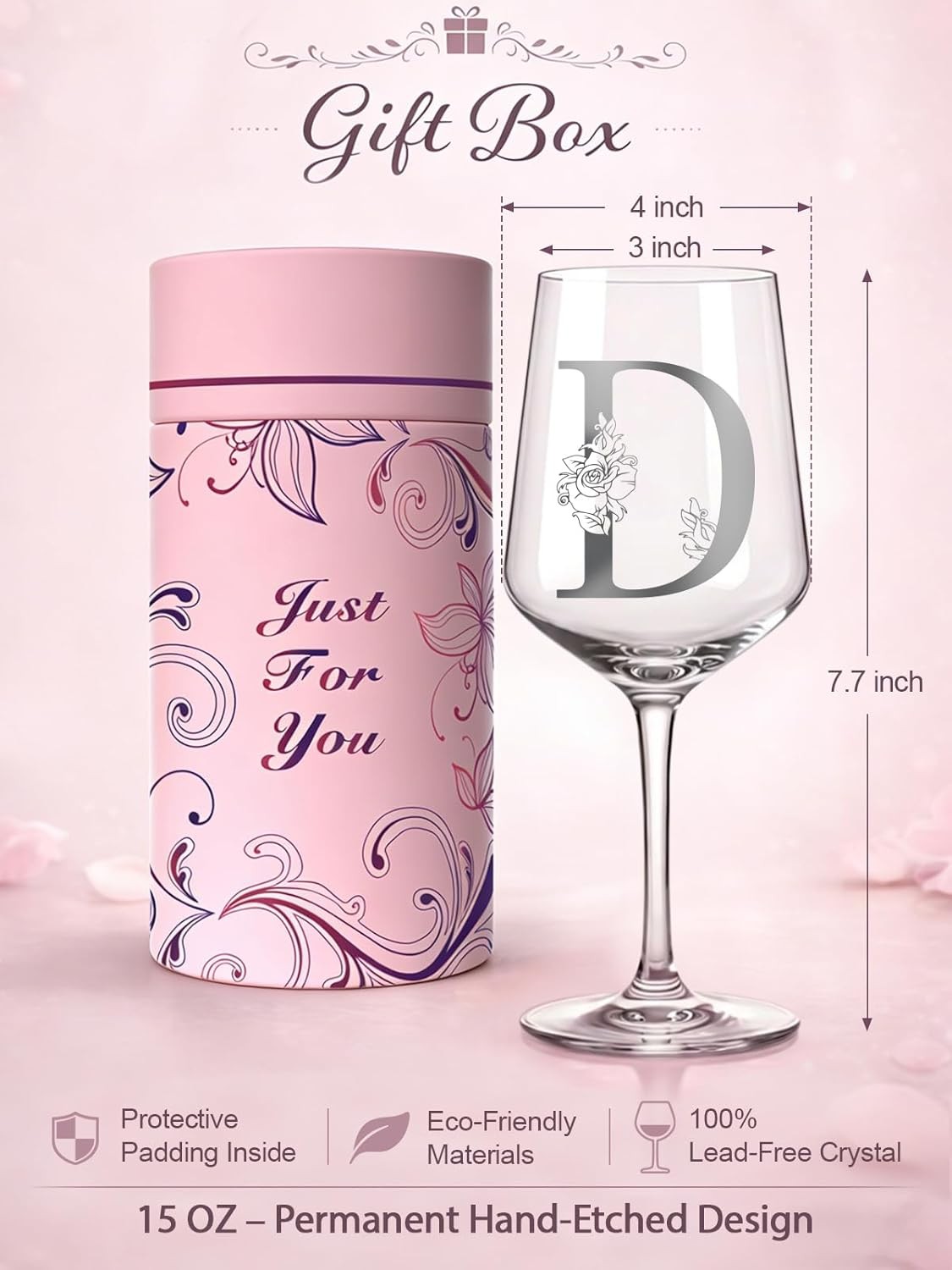 Personalized Wine Glasses with A-Z Custom Initials, Monogram Birthday Wine Gifts