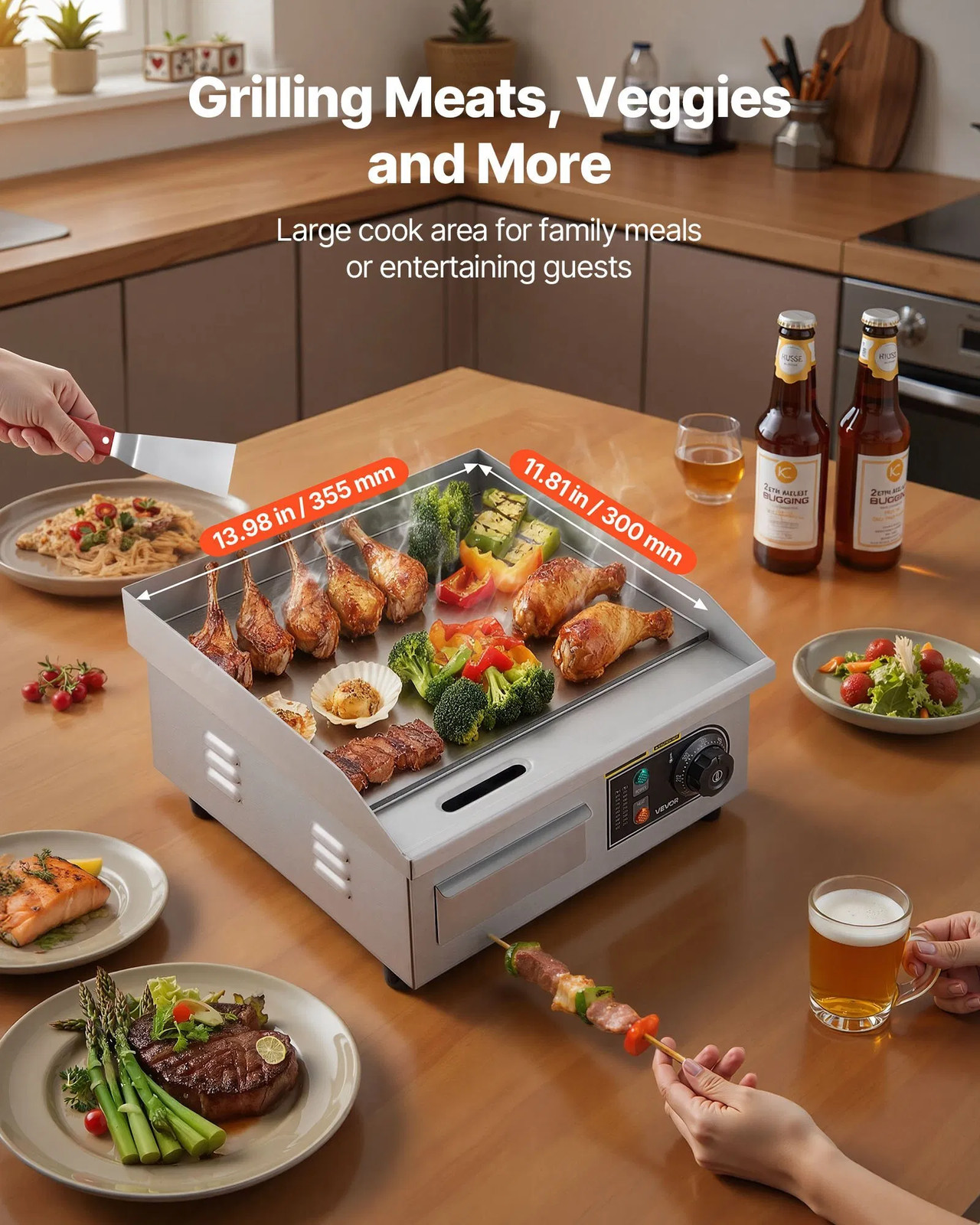 Commercial Electric Griddle, 13.98 x 11.81 inch, 1750W, 122-570°F Adjustable Te