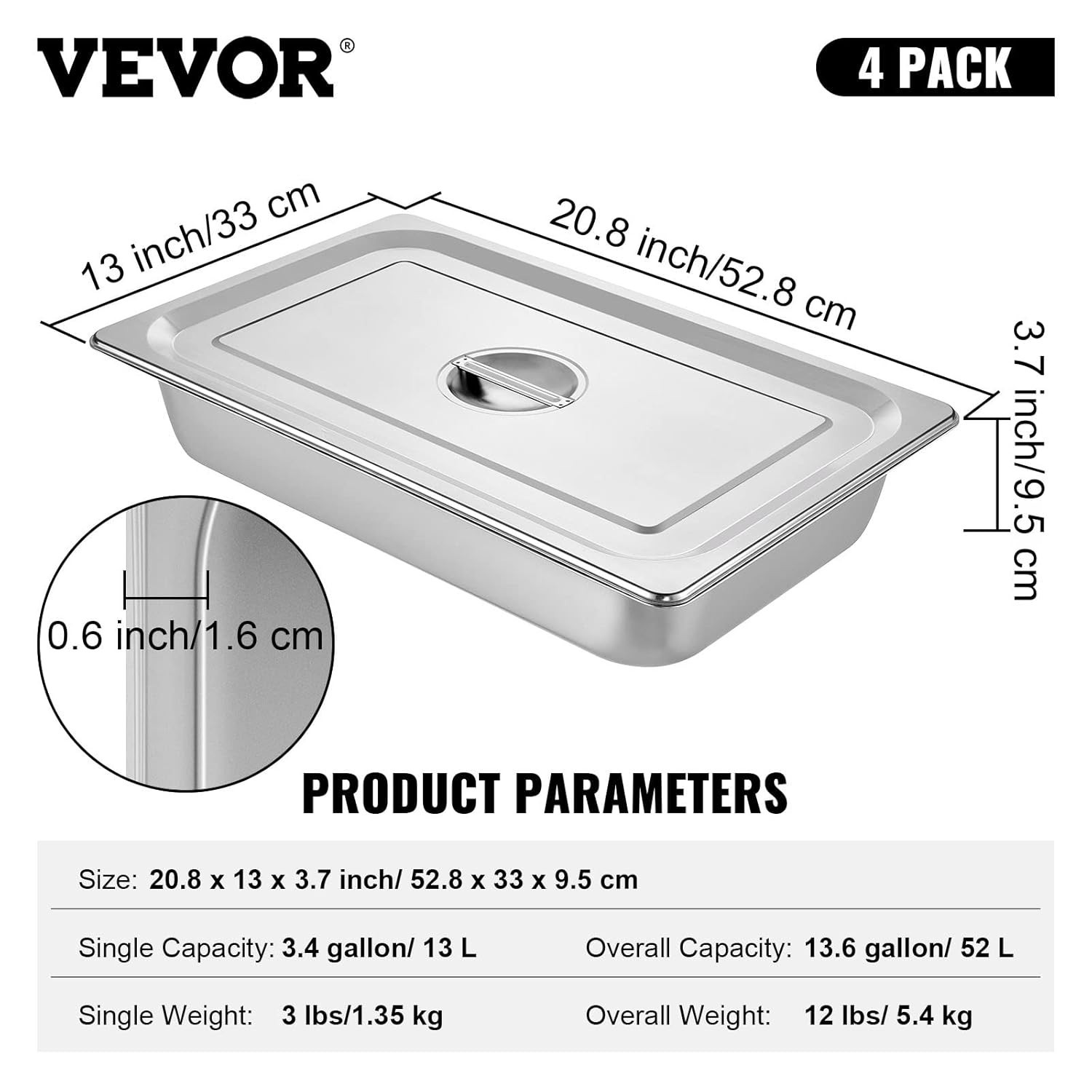 4 Pack Stainless Steel Full Size Hotel Pans with Lids – 3.7″ Deep, 0.8mm Thic…