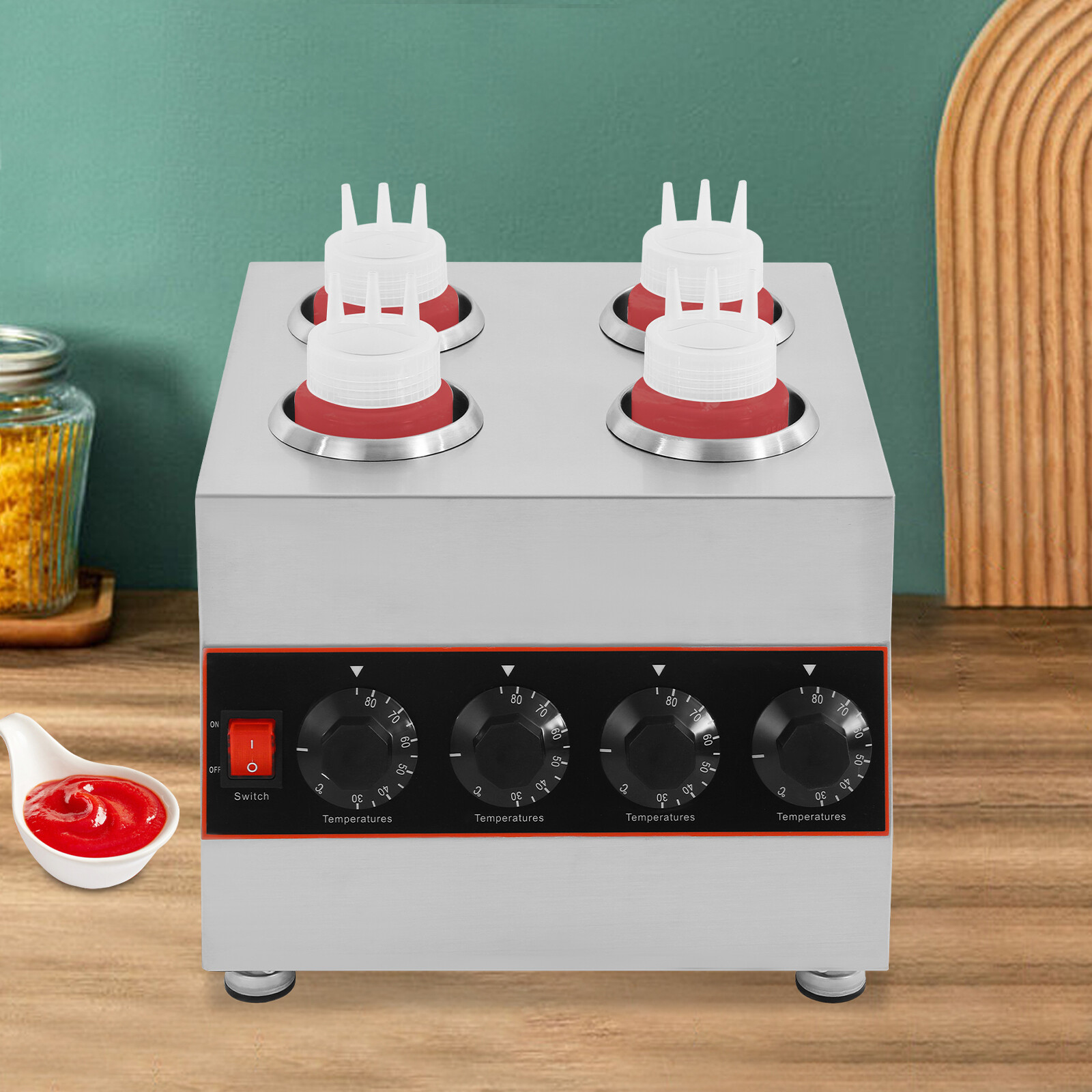 Stainless Steel Electric Sauce Warmer with 4 Pots & Adjustable Temperature