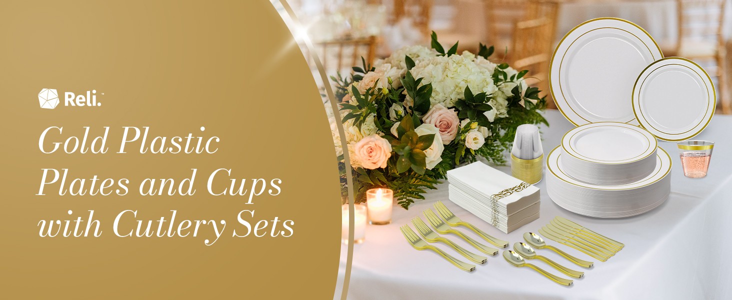 Plastic Plates for Party | 210 Pieces | White w/Gold Rim | Plates and Napkins