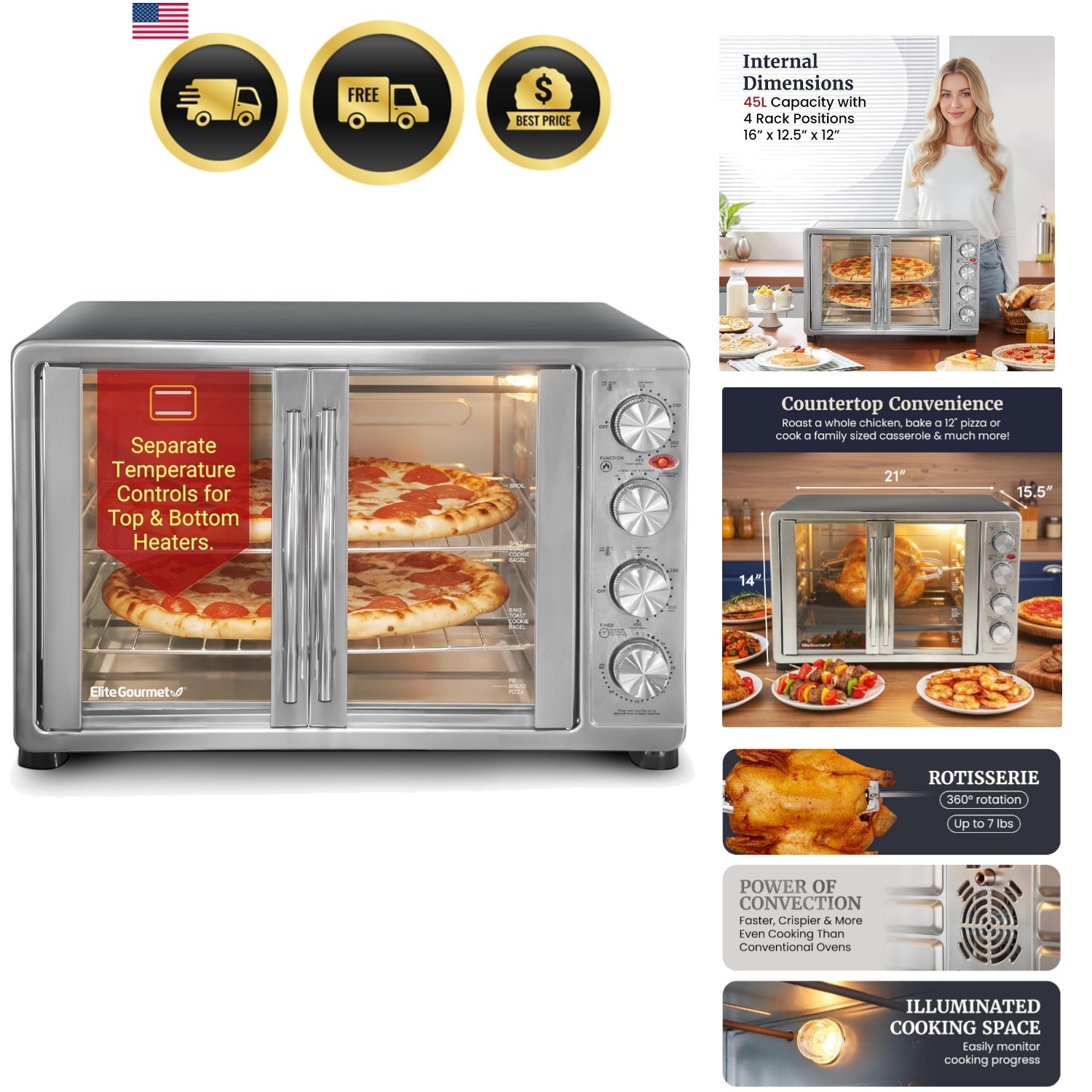 Convection Toaster Oven 45L Stainless Steel French Door Bake Broil Toast
