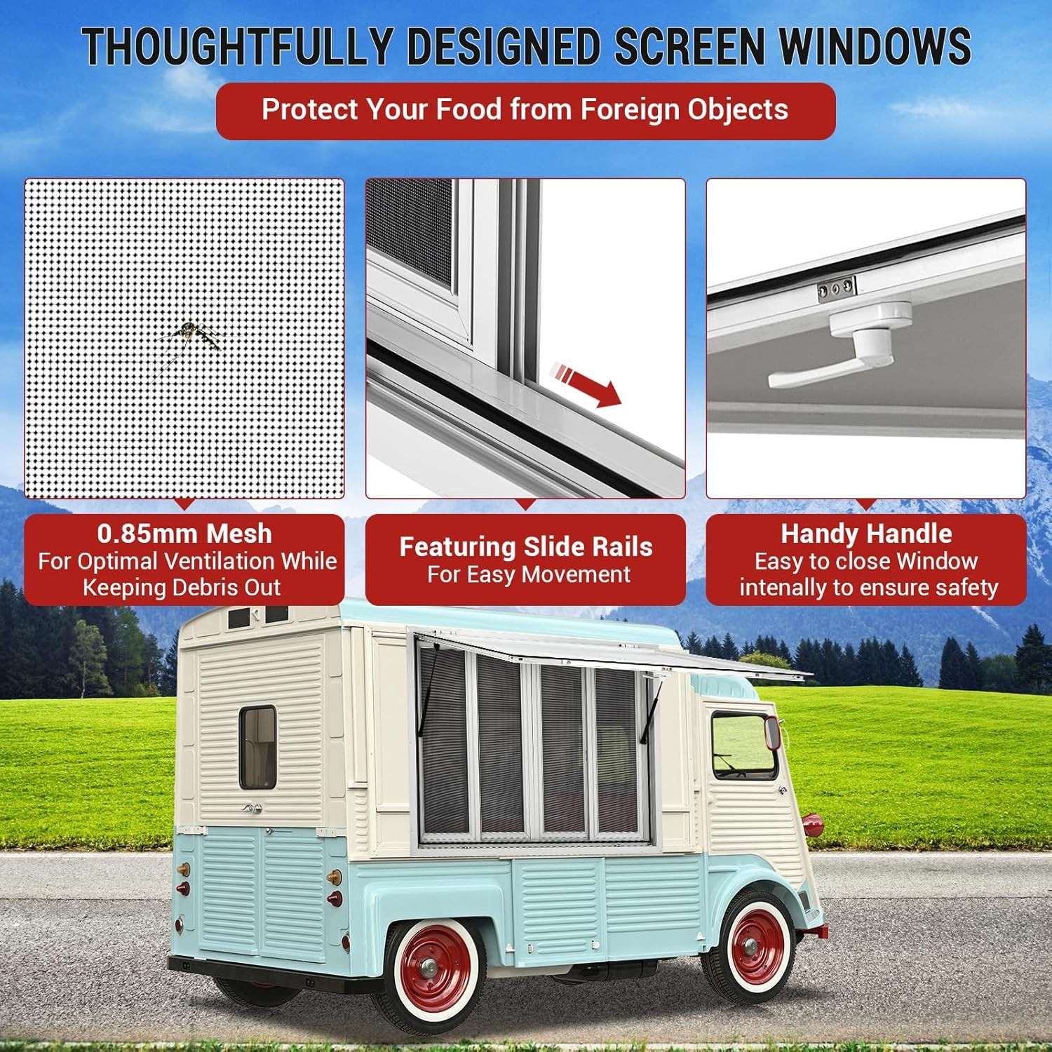 45″ W x 30″ Concession Window Aluminum Alloy with Awning & 4 Screen Windows