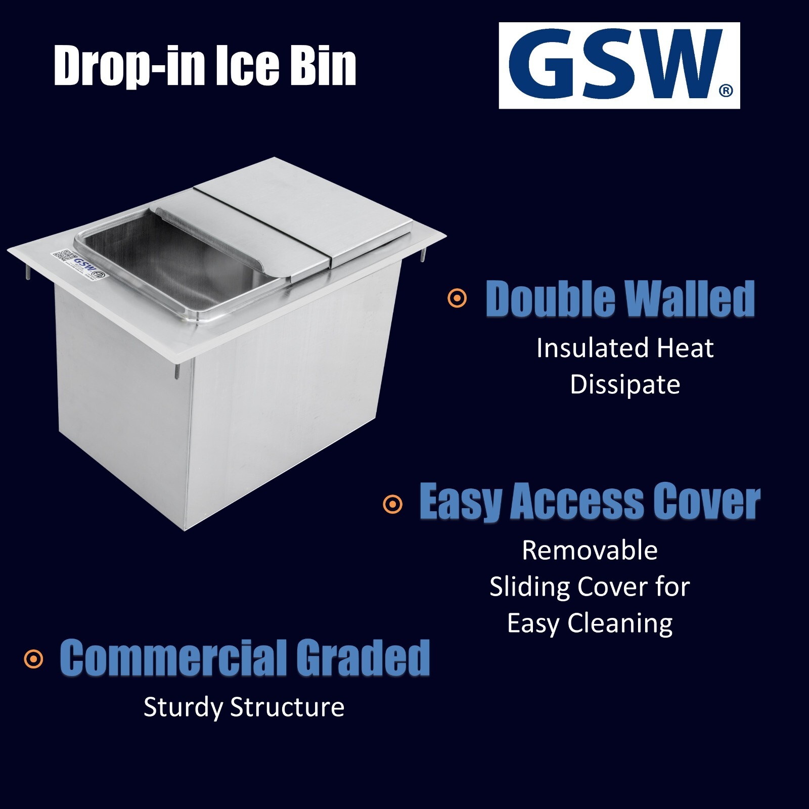 GSW IB1218 Stainless Steel Drop-In Ice Bin 18”D x 12”W x 14”H with Sliding Cover