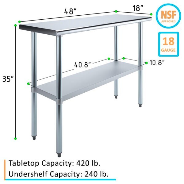 Stainless Steel Food Prep Work Table with Adjustable Undershelf 18”x48”