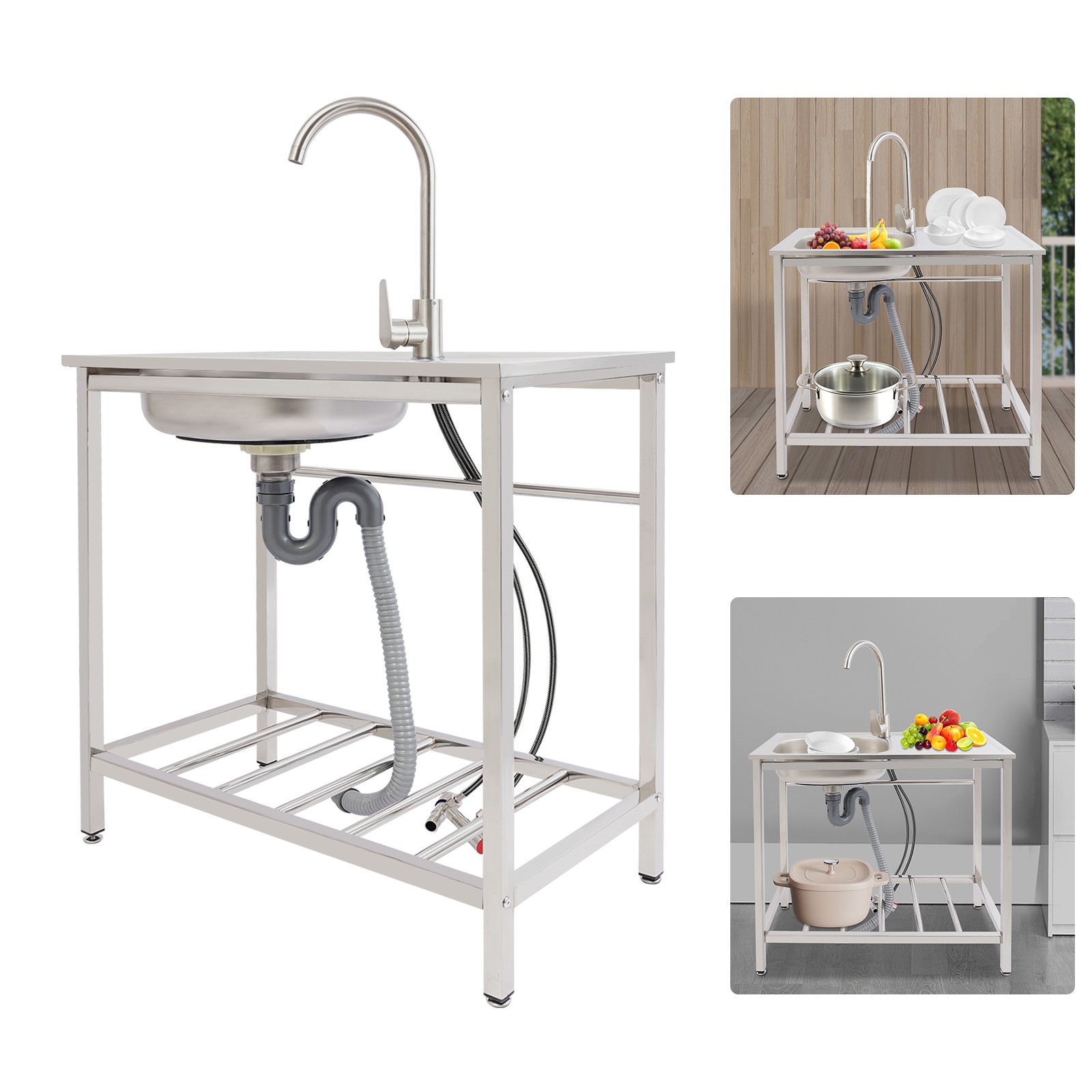 Stainless Steel Utility Sink, Free Standing with Faucet & Drainpipe for Homes