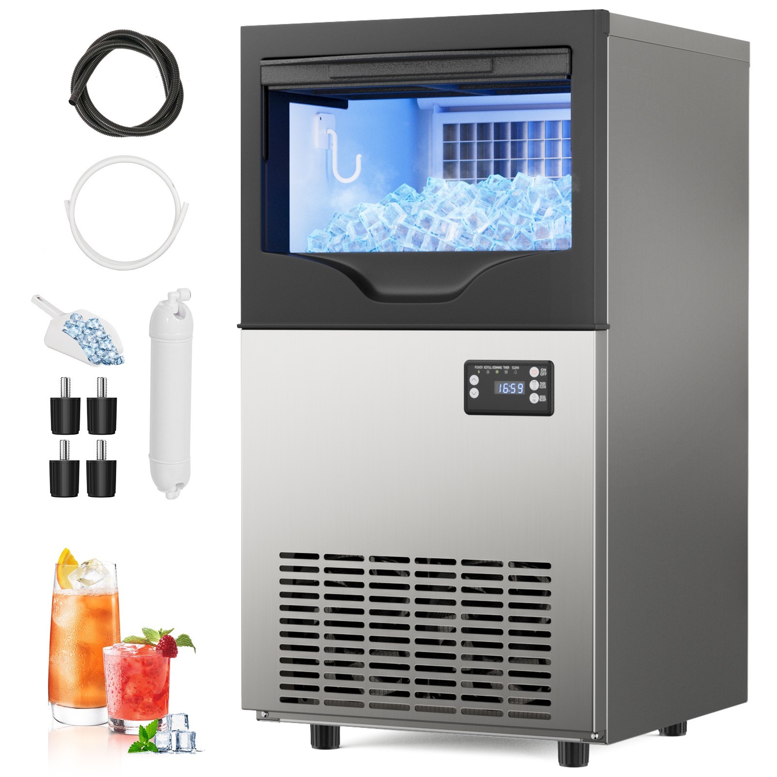 100LBs Commercial Ice Maker Built-in Cube Machine Restaurant Stainless Steel