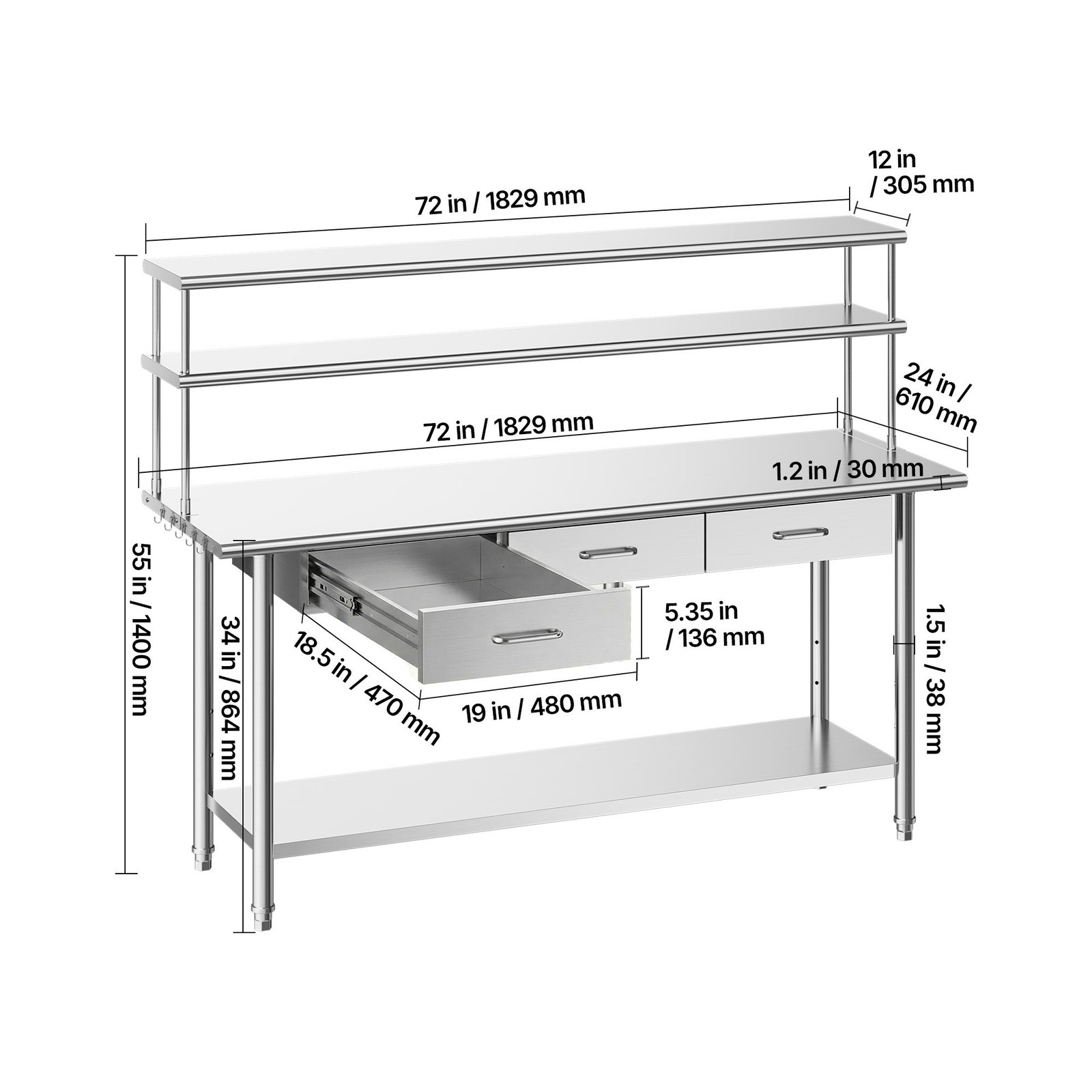 Uimoso Commercial Stainless Steel Kitchen Prep Table with Overshelves, 24x72Inch