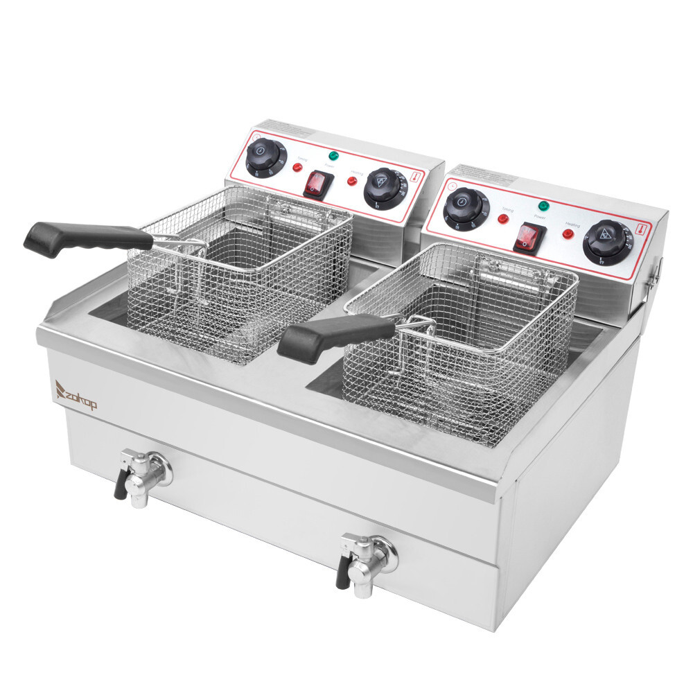 24.9QT/23.6L Stainless Steel Faucet Double Tank Deep Fryer 3400W (Large Handle)