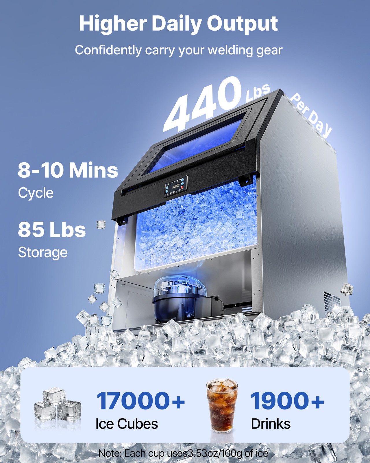 VEVOR Commercial Ice Maker 440 lbs/24h Ice Machine 85 lbs Storage Bar Restaurant