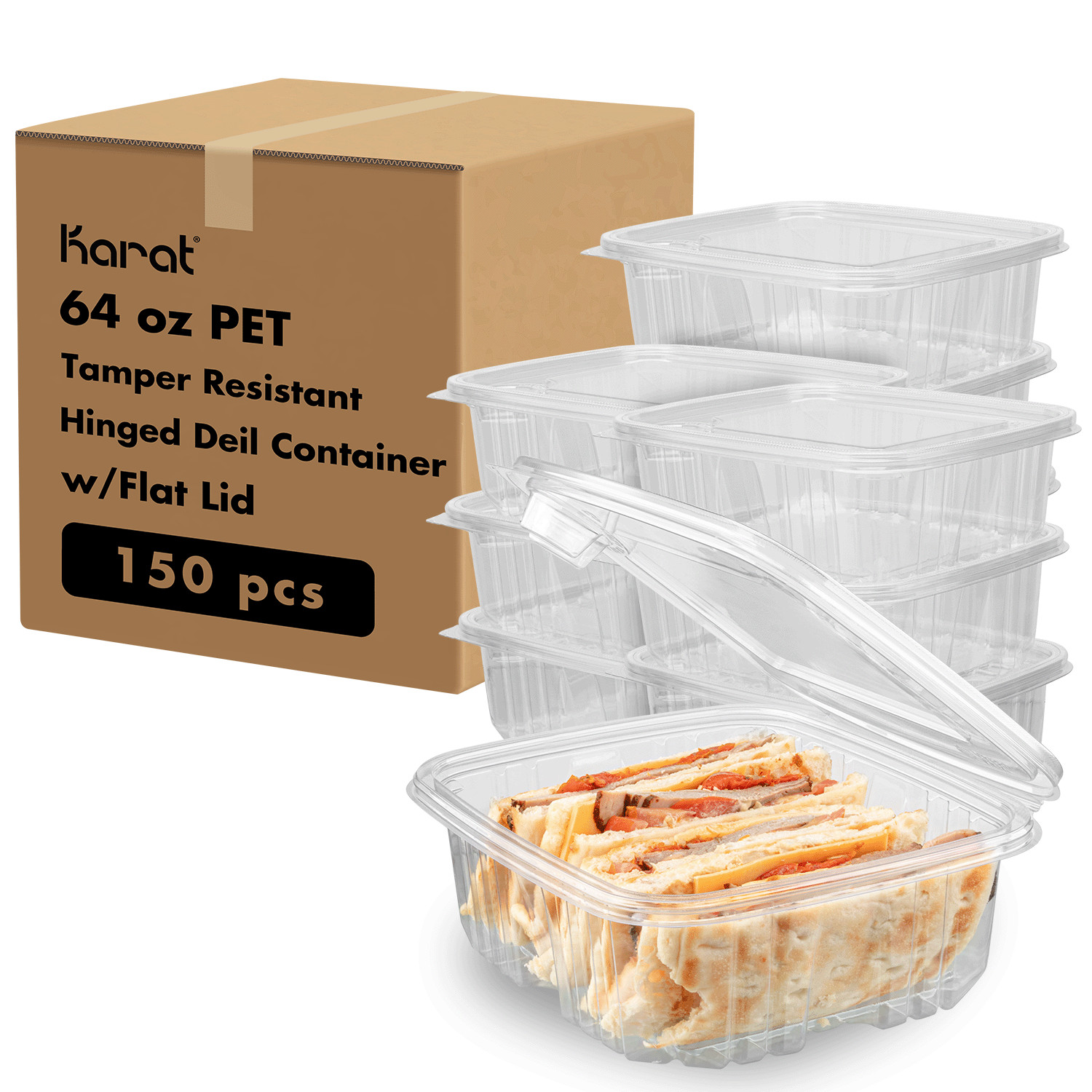 Karat 64oz PET Tamper Resistant Hinged Deli Container w/Flat Lid – 150pcs