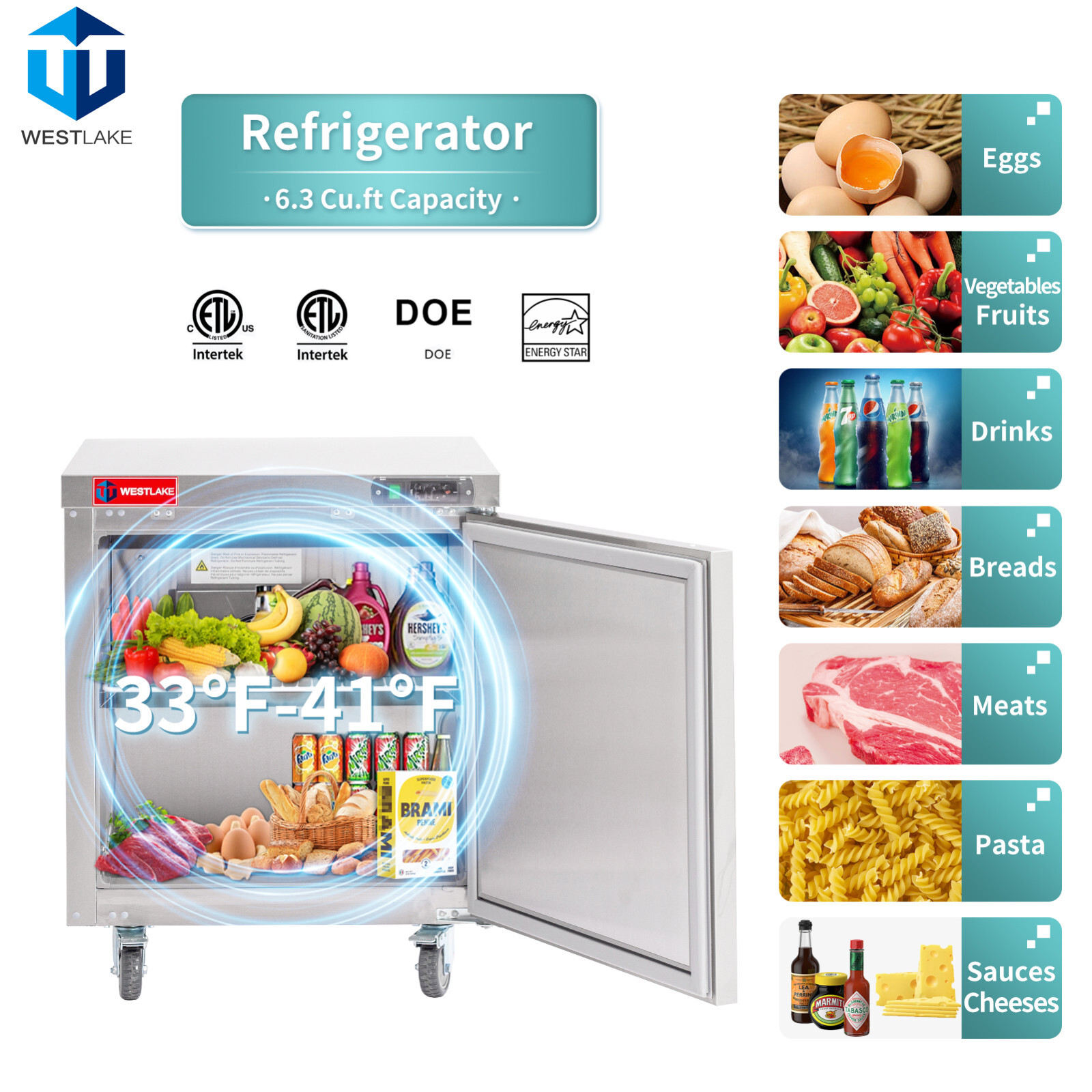 Commercial Undercounter Fridge, WESTLAKE 1 Door 28″ W Worktop Cooler 6.3 Cu.ft