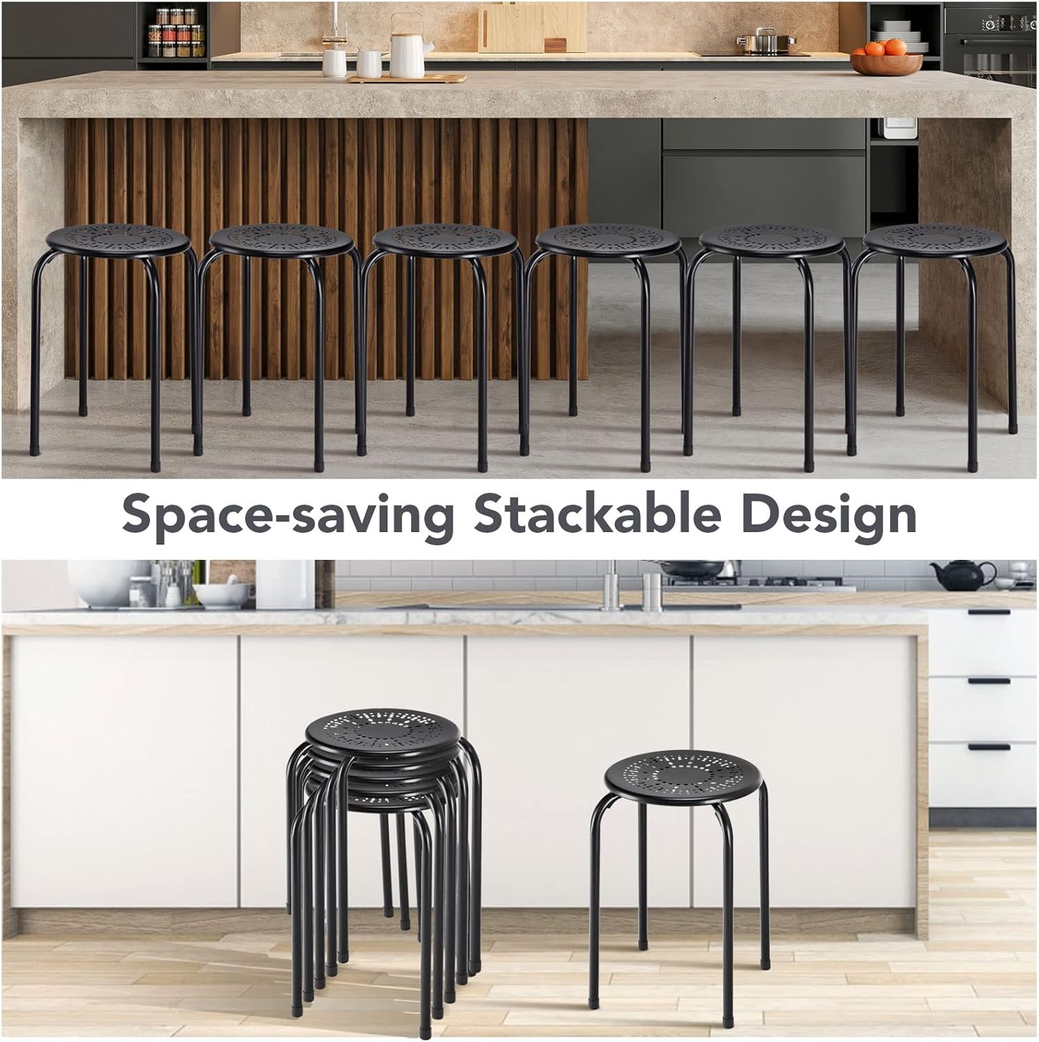 6-Pack Stackable Metal Stools, 17.5″ Round Backless, Black