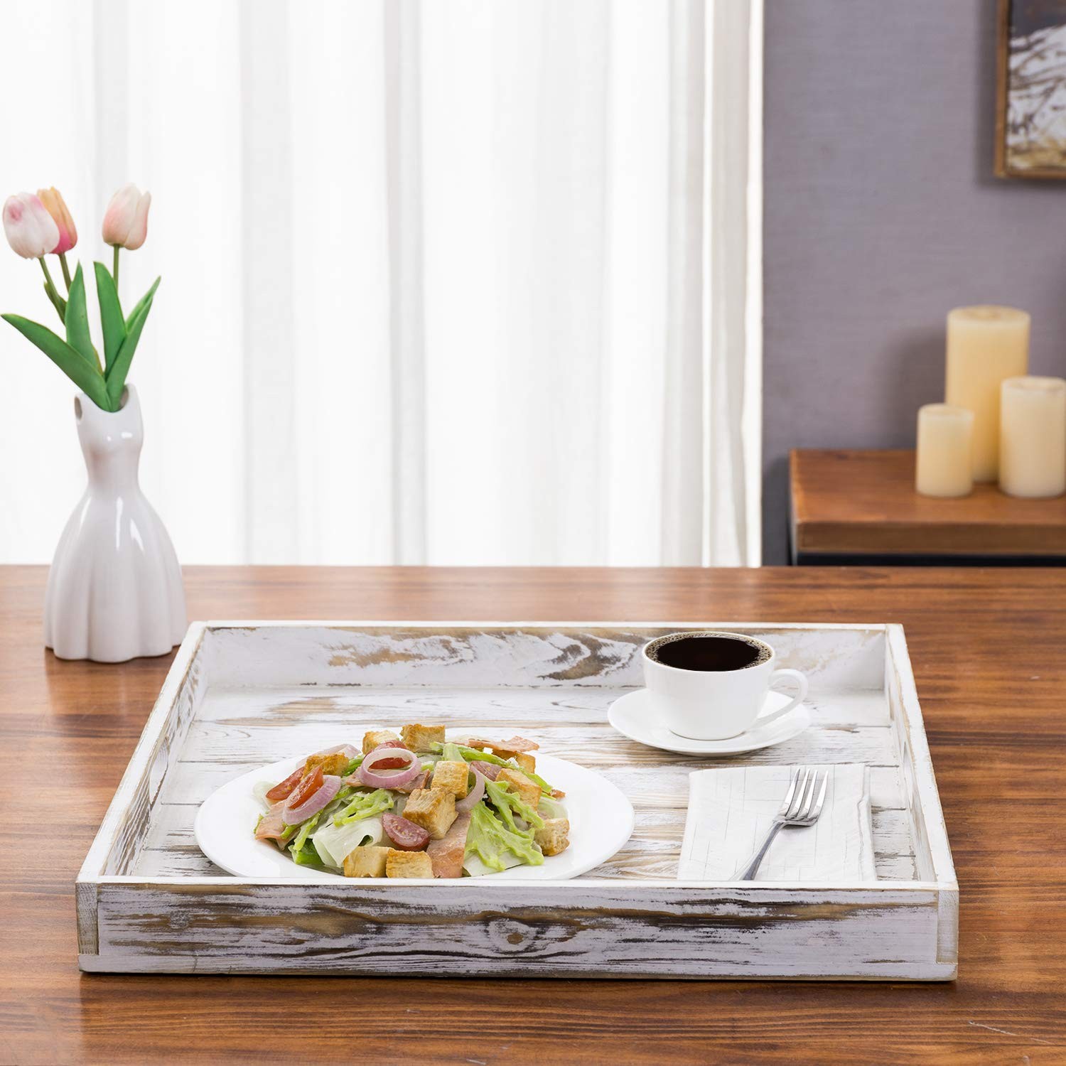 MyGift Whitewashed Wood Large Serving Tray 18.9″ x x 2″,