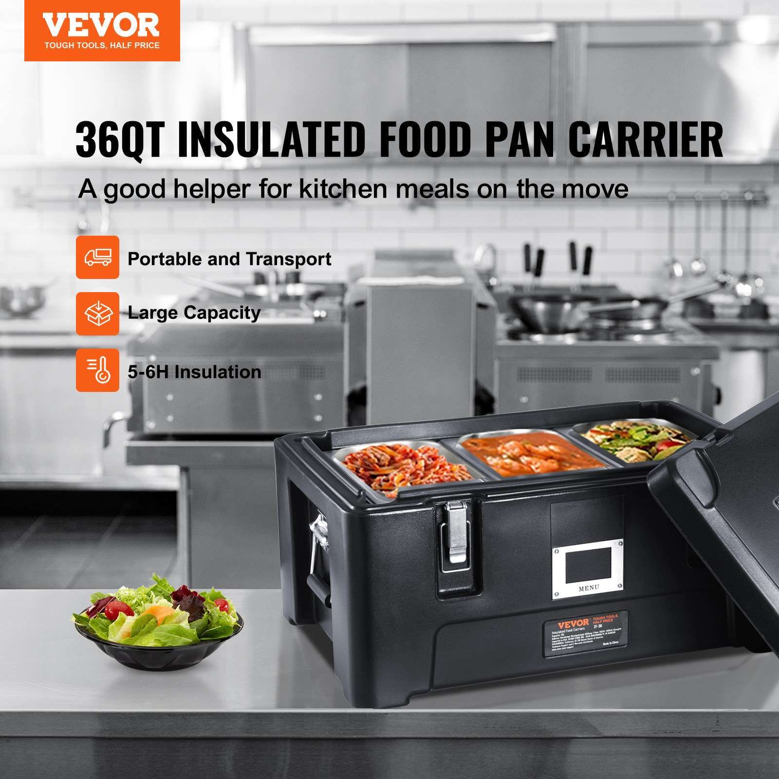 VEVOR Insulated Food Pan Carrier Stackable Top Loader with 3 Pans 36 Qt Black