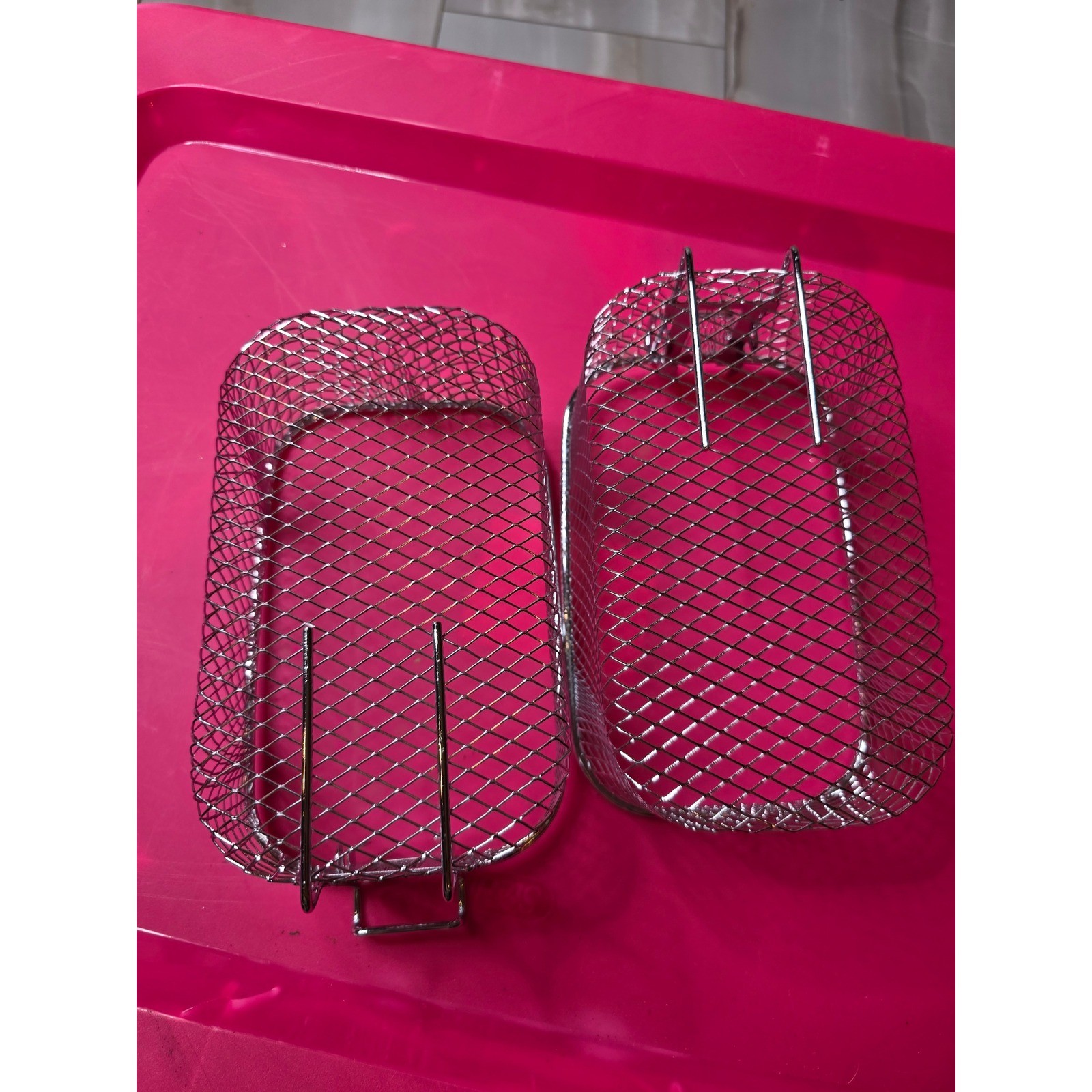 Set of 2 Silver Wire Mesh Deep Fryer Baskets with Hooks 8×4.5×4 Rectangular