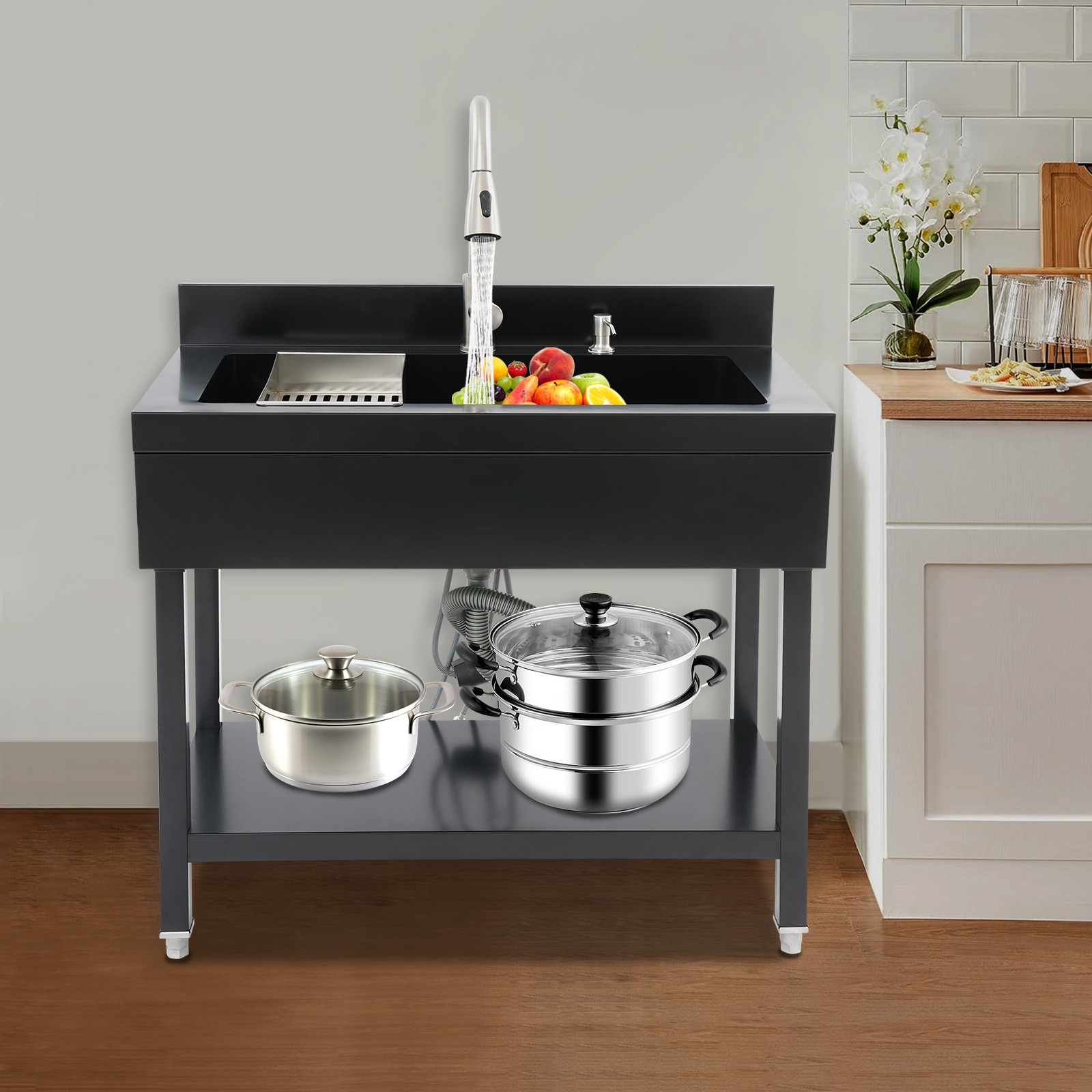 Black Freestanding Stainless Steel Utility Sink with pull-out faucet Faucet New