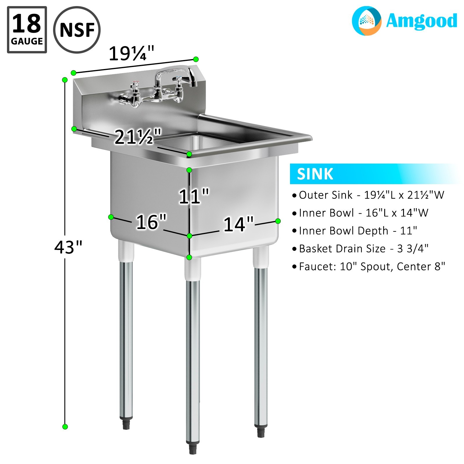 20 in. x 22 in. Stainless Steel One Compartment Sink with 14 in. x 16 in. Bowl