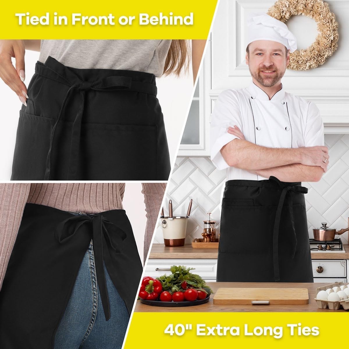 Server Apron Black with 3 Pockets 18 Inch Long Waiter Waitress Bistro Half Wa…