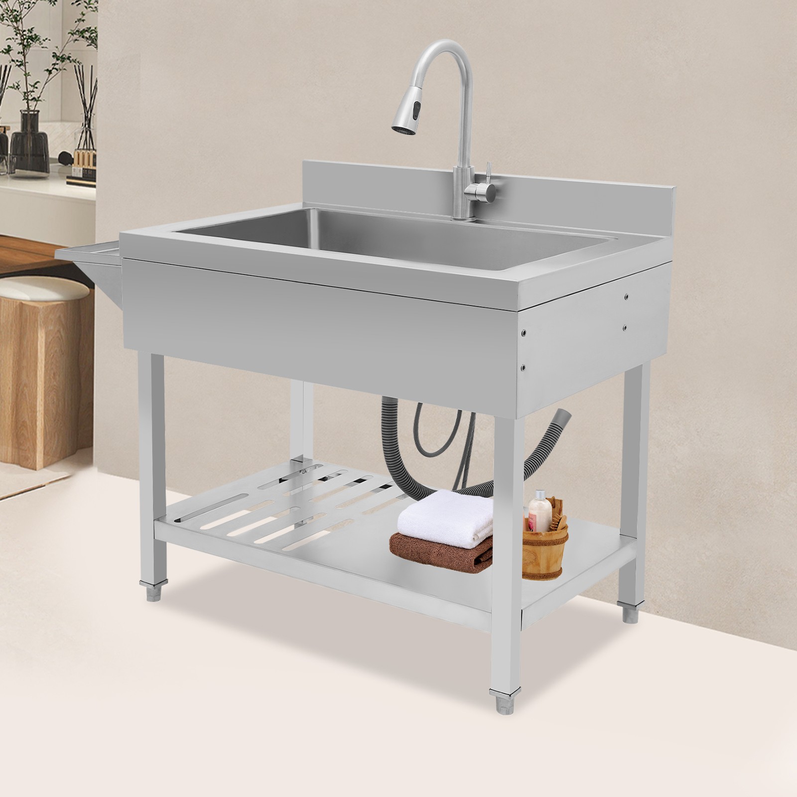 Single Bowl Kitchen Sink Stainless Steel Sink Commercial Sink w/Pull-out Faucet