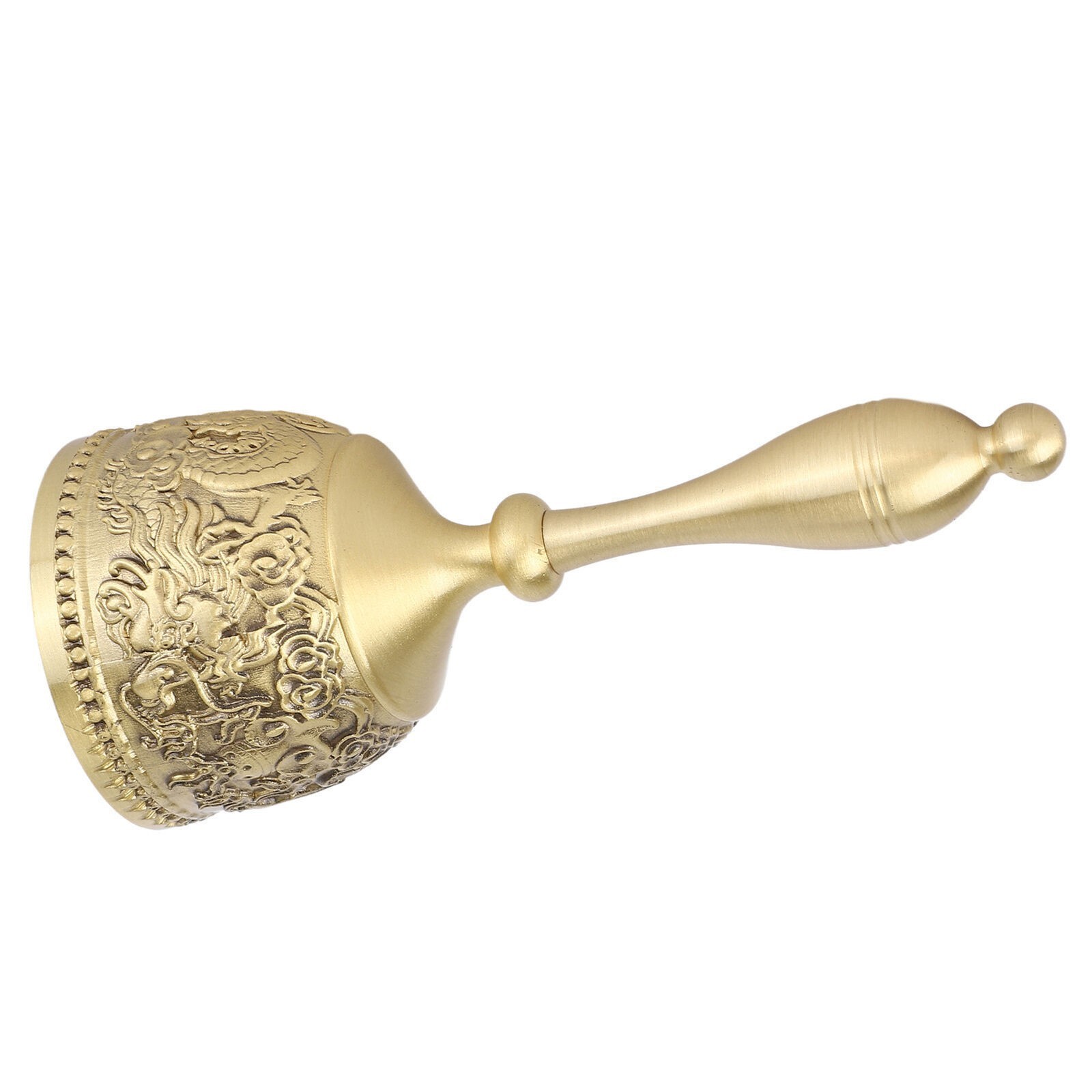 Hand Call Bell 4.7in Long Pure Brass Exquisite Carved Pattern Curved Handle