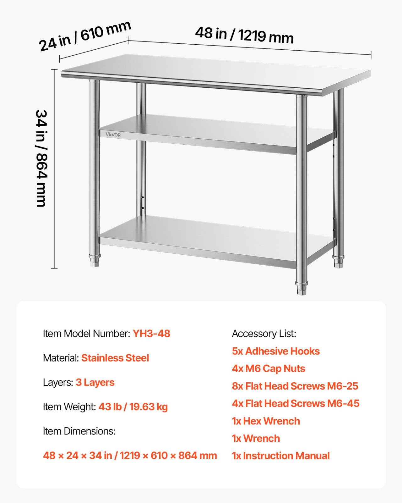 Stainless Steel Work Table 24x48in 2 Shelf Commercial Kitchen Prep Table