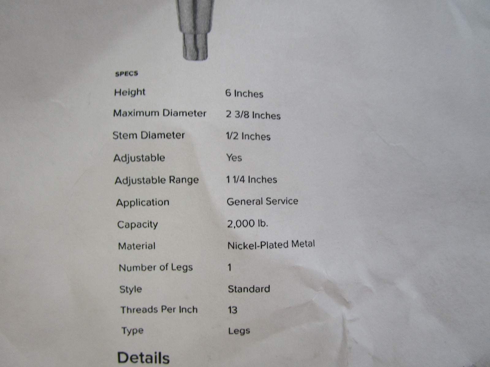 Component Hardware AE61-5002-1 6″ Adjustable Equipment Leg Nickel Plated 1/2″-13
