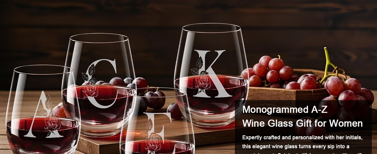 Mothers Day Gifts for Mom Wife Grandma, Initial A-Z Wine Glass Personalized For