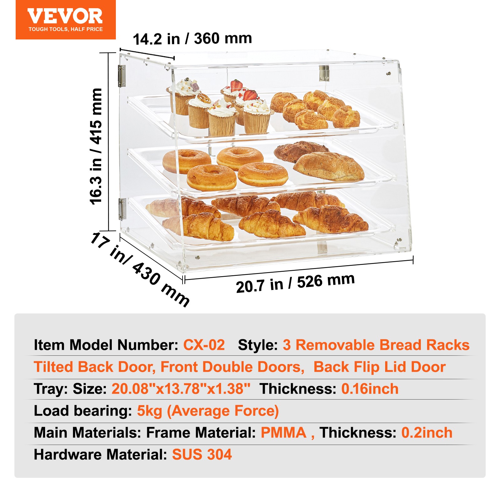 VEVOR 3-Tier Acrylic Bakery Display Case Countertop Donut Pastry Case Rear Door