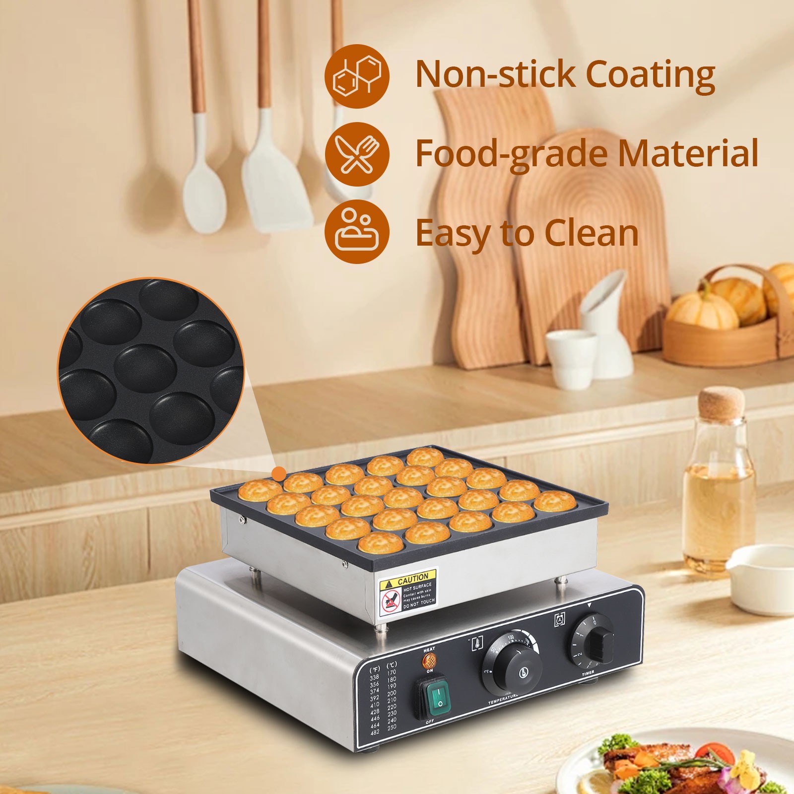 Garvee Mini Dutch Pancake Maker 25Pcs Non-stick 50-300°C Electric Waffle 50-300℃