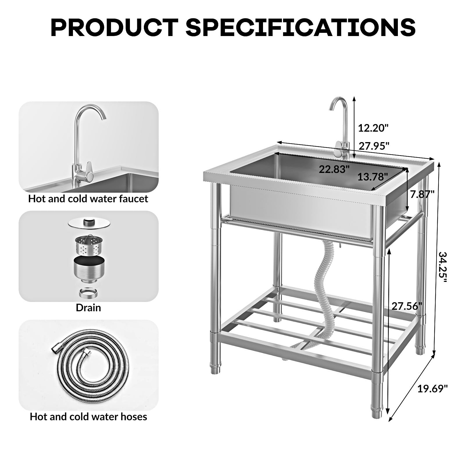 Stainless Steel Utility Sink Free Standing Single Bowl Commercial Kitchen Sink