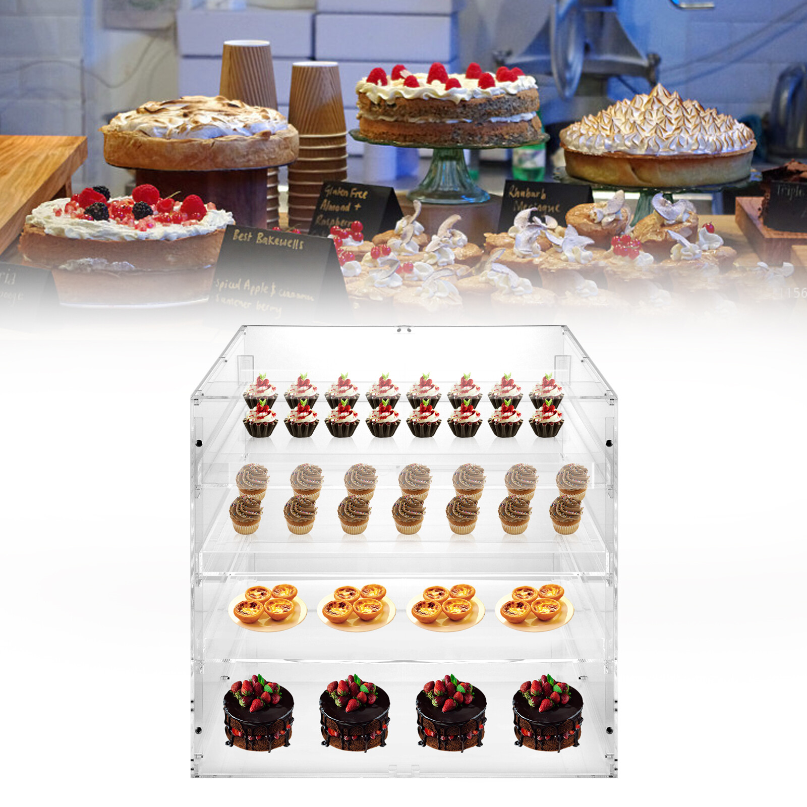4-Tier Acrylic Bakery Display Case Countertop Donut Pastry Show Case Front Door