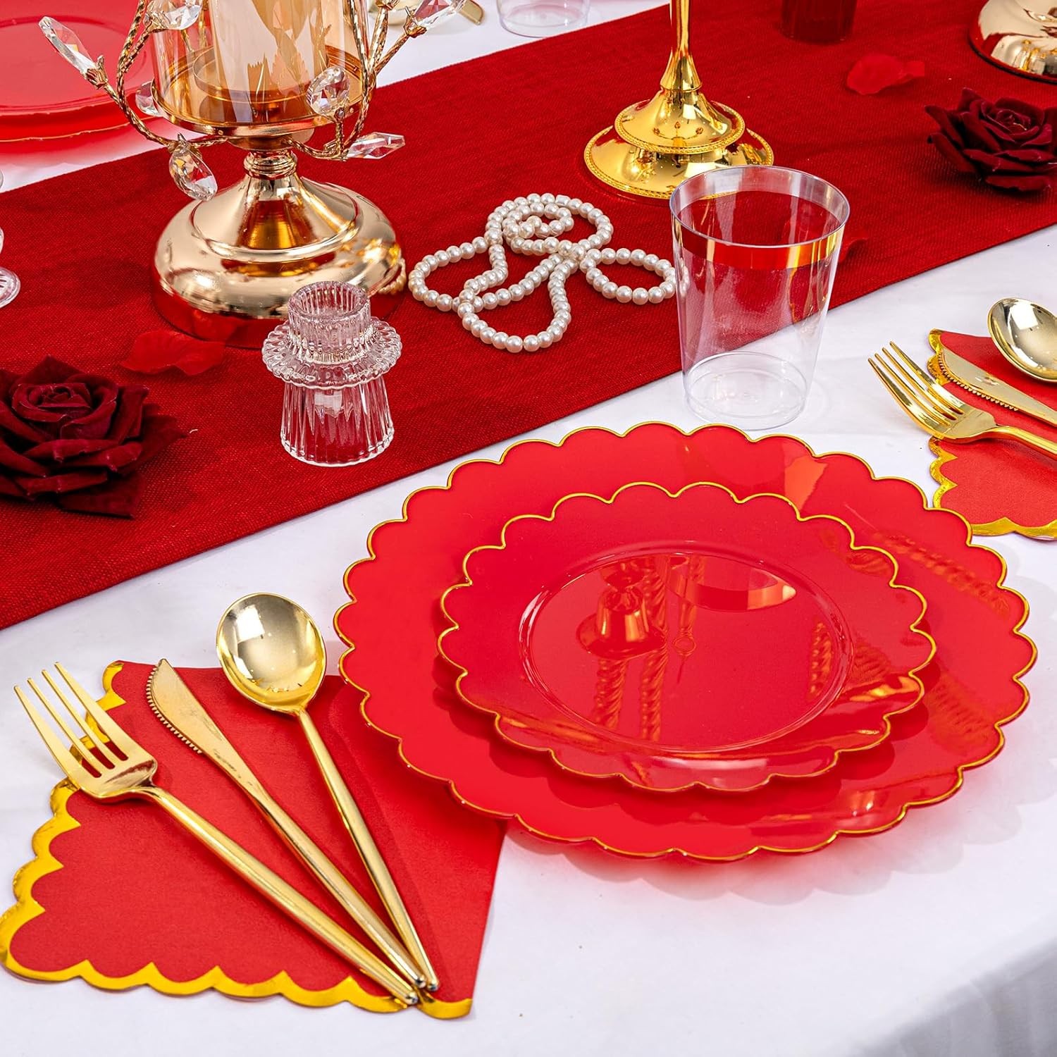 LIYH 210 Pcs Red Plastic Plates – Red Disposable Plates and Napkins Set, Gold